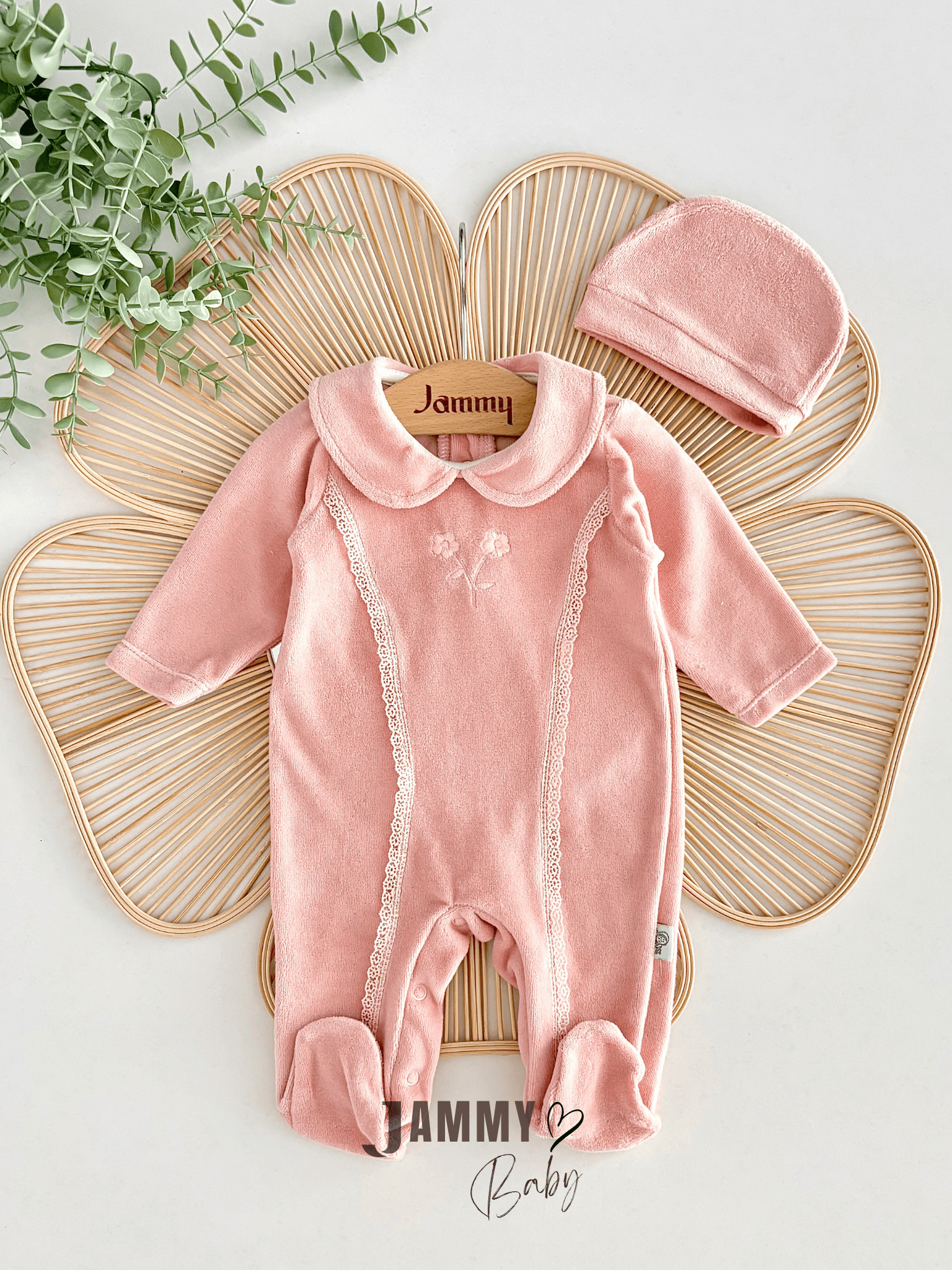 Elvira Fistolu Papatya Nakışlı Kadife Tulum-SOMON