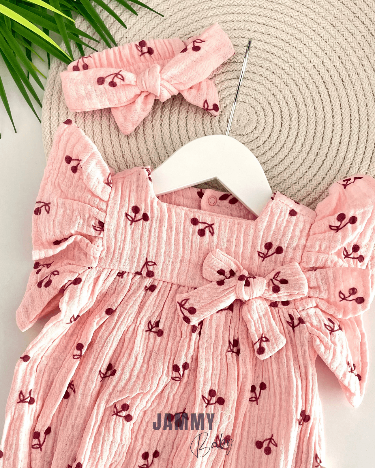 Kirazlı Müslin Bandanalı Romper Set-PUDRA