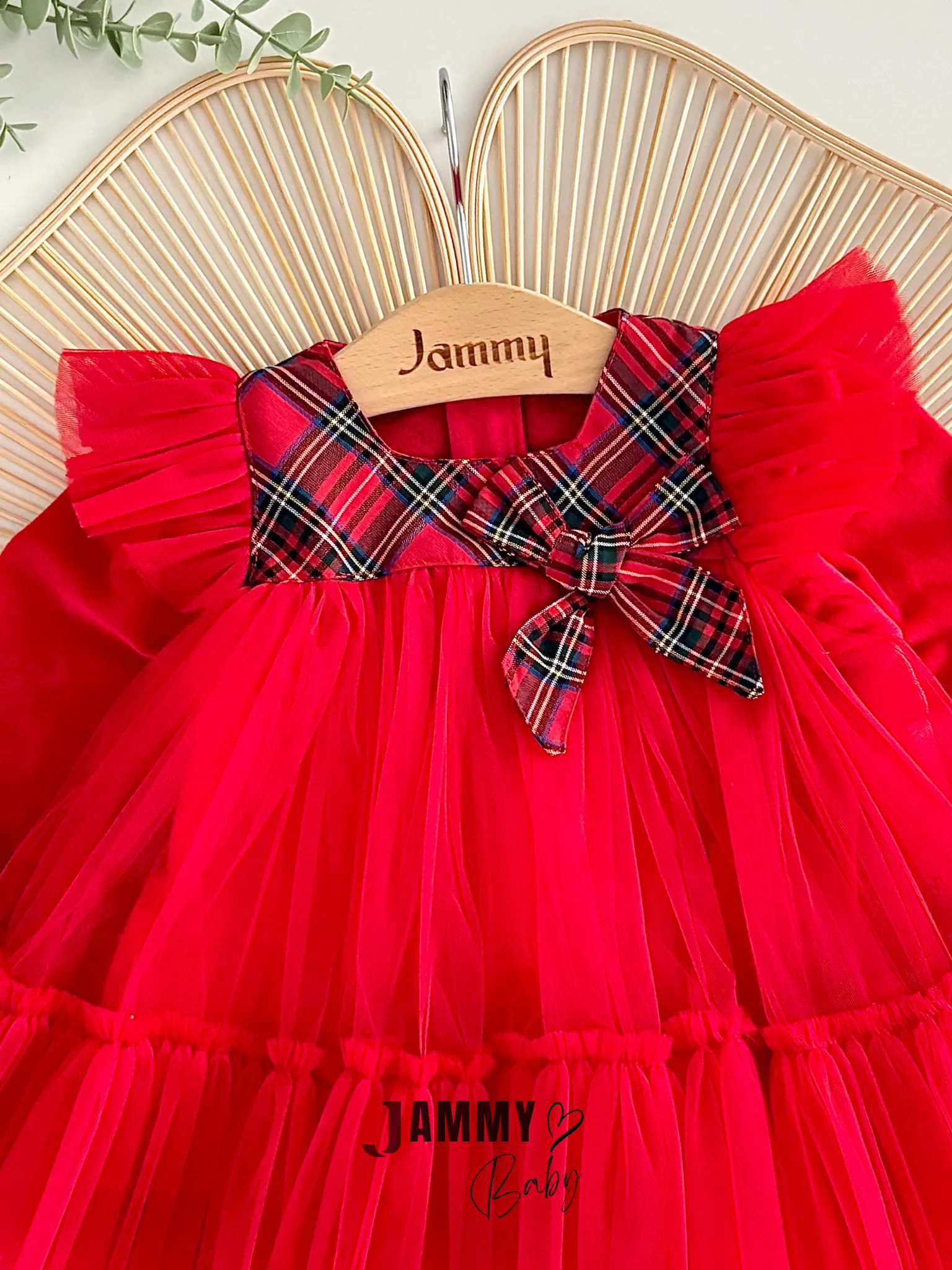 Shay Kadife Detaylı Tüllü Ekose Elbise-KIRMIZI