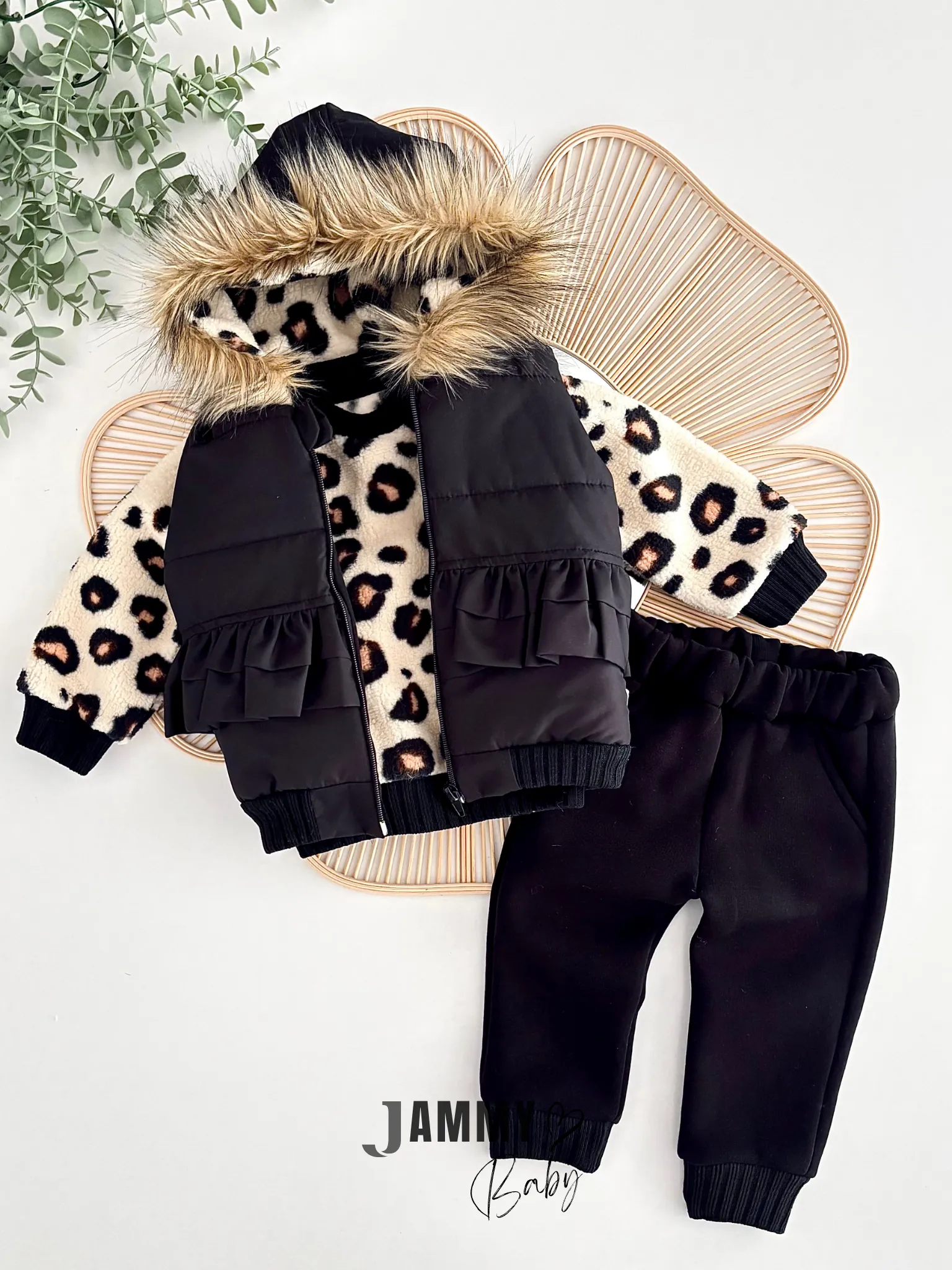 Pamela Leopar Şişme Yelekli 3'lü Takım-SİYAH
