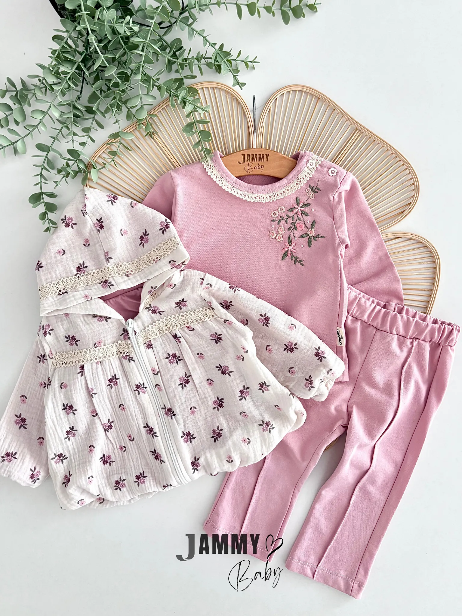 Müslin Hırkalı Çiçek Desenli 3'lü Takım- GÜL KURUSU