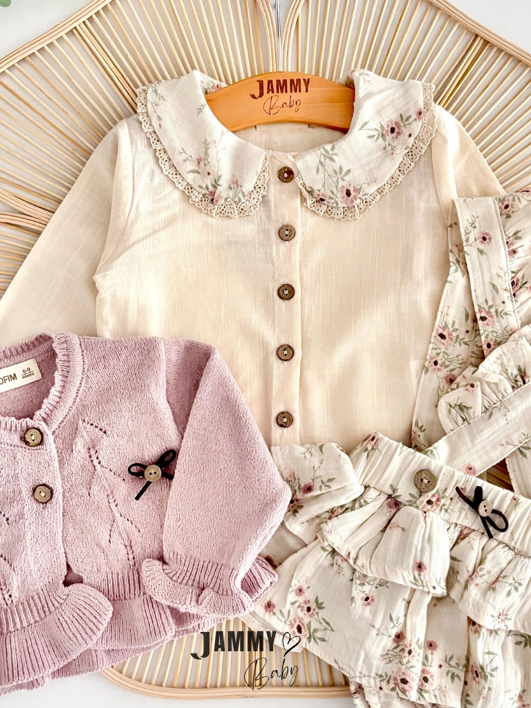 Polly Müslin Salopet & Keten Gömlek & Triko Hırka Set-SOFT LİLA