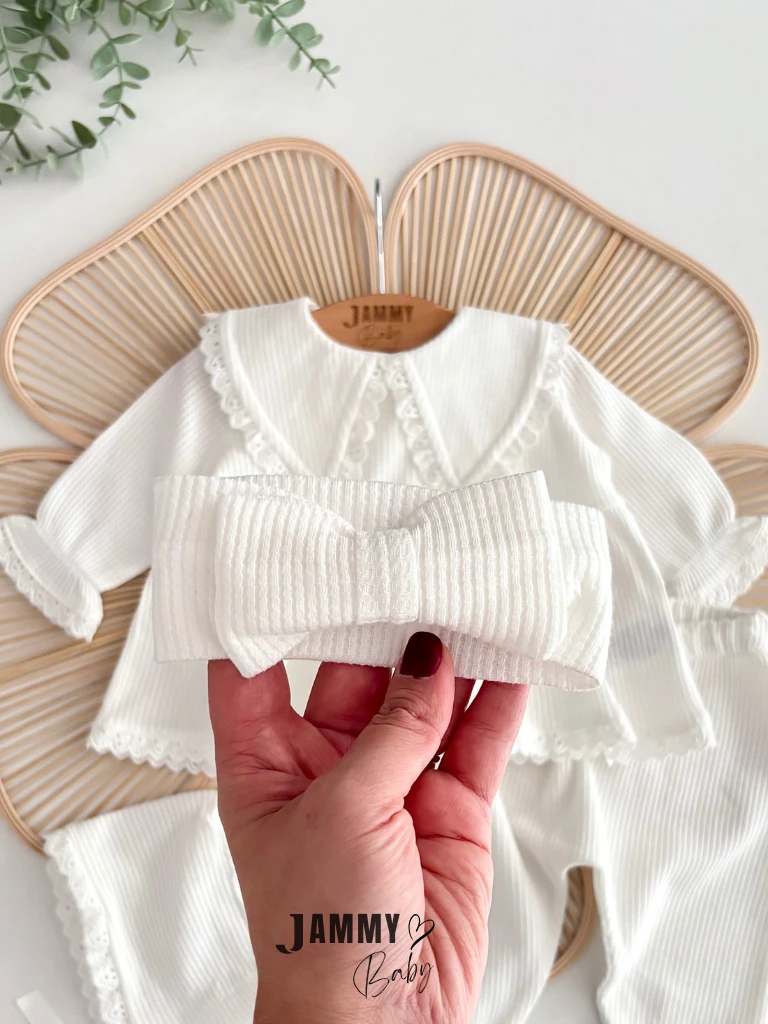 Üçgen Yaka Fistolu 4 Parça Waffle Takım-EKRU