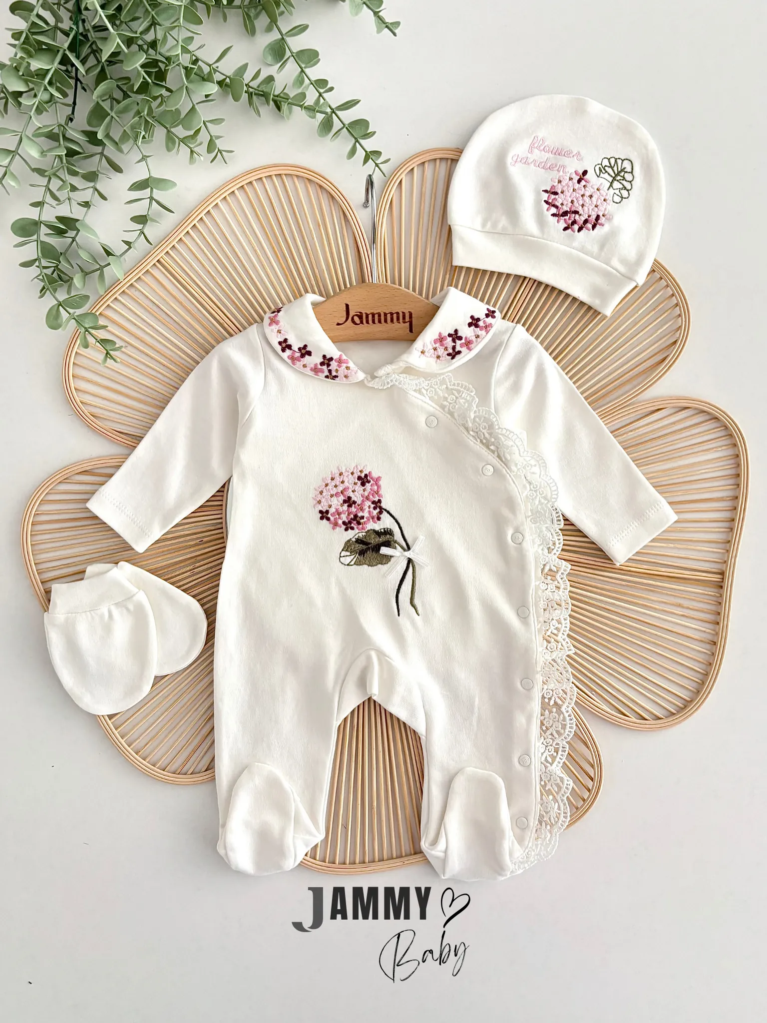 Ortanca Nakışlı Şapkalı Tulum Set-EKRU