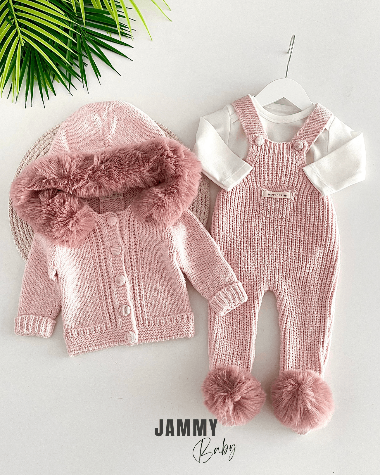 Selanik Örgülü Luxury Collection Kürk Kapüşonlu Triko Hırka / Salopet Set-PUDRA