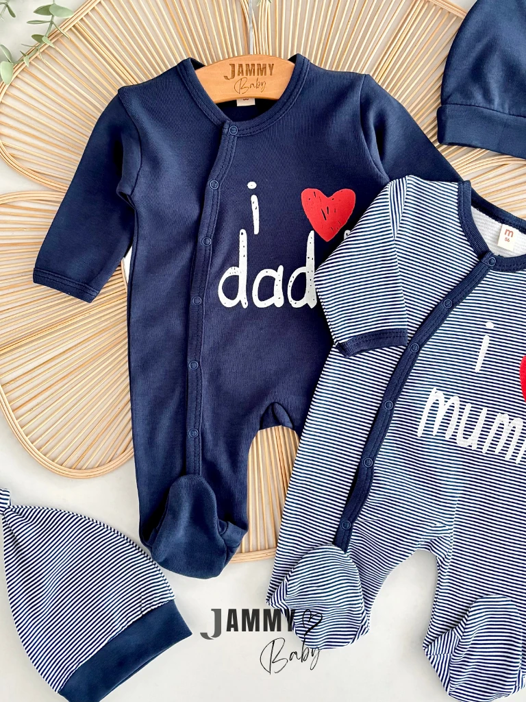 I Love My Daddy / Mummy 2 Şapka 2 Tulum Set-LACİVERT