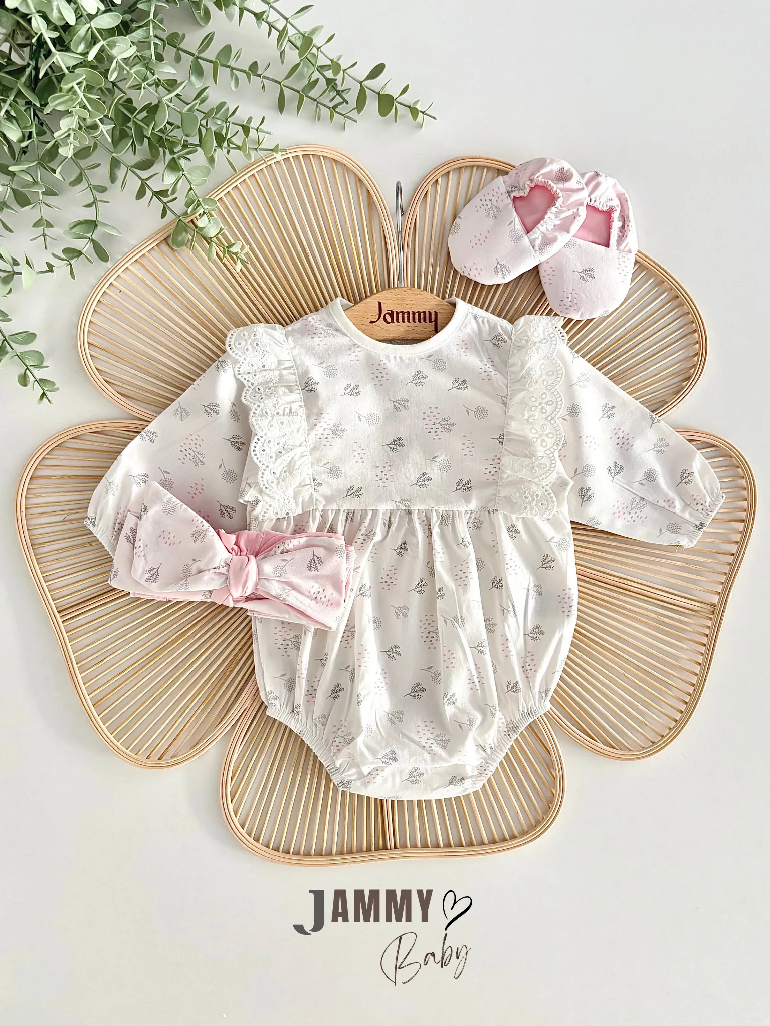 Liliya Çiçek Desenli Patikli Bandanalı Poplin Romper Set-EKRU