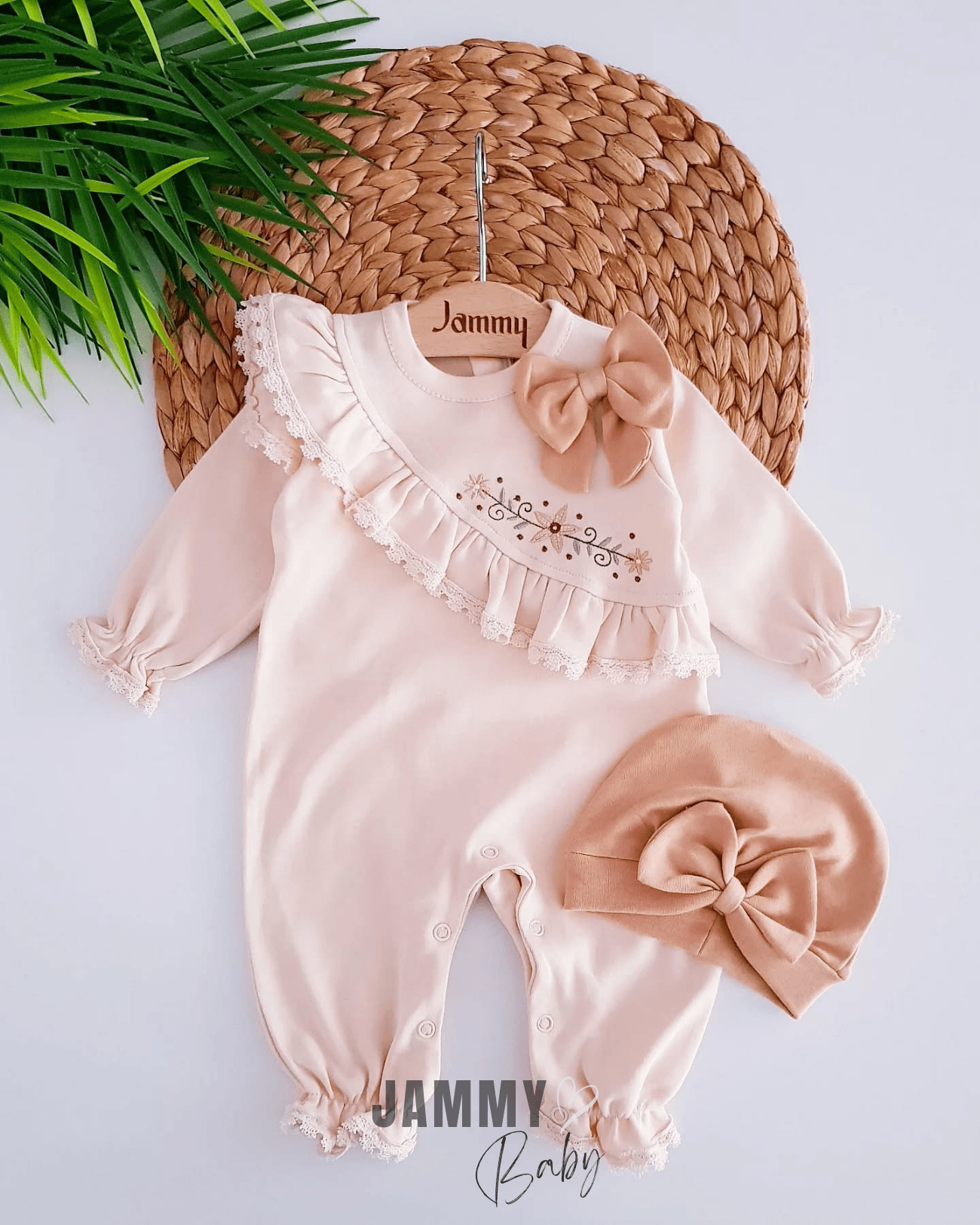 Sofia Çiçek Nakışkı Boneli Tulum Set-SÜTLÜ KAHVE