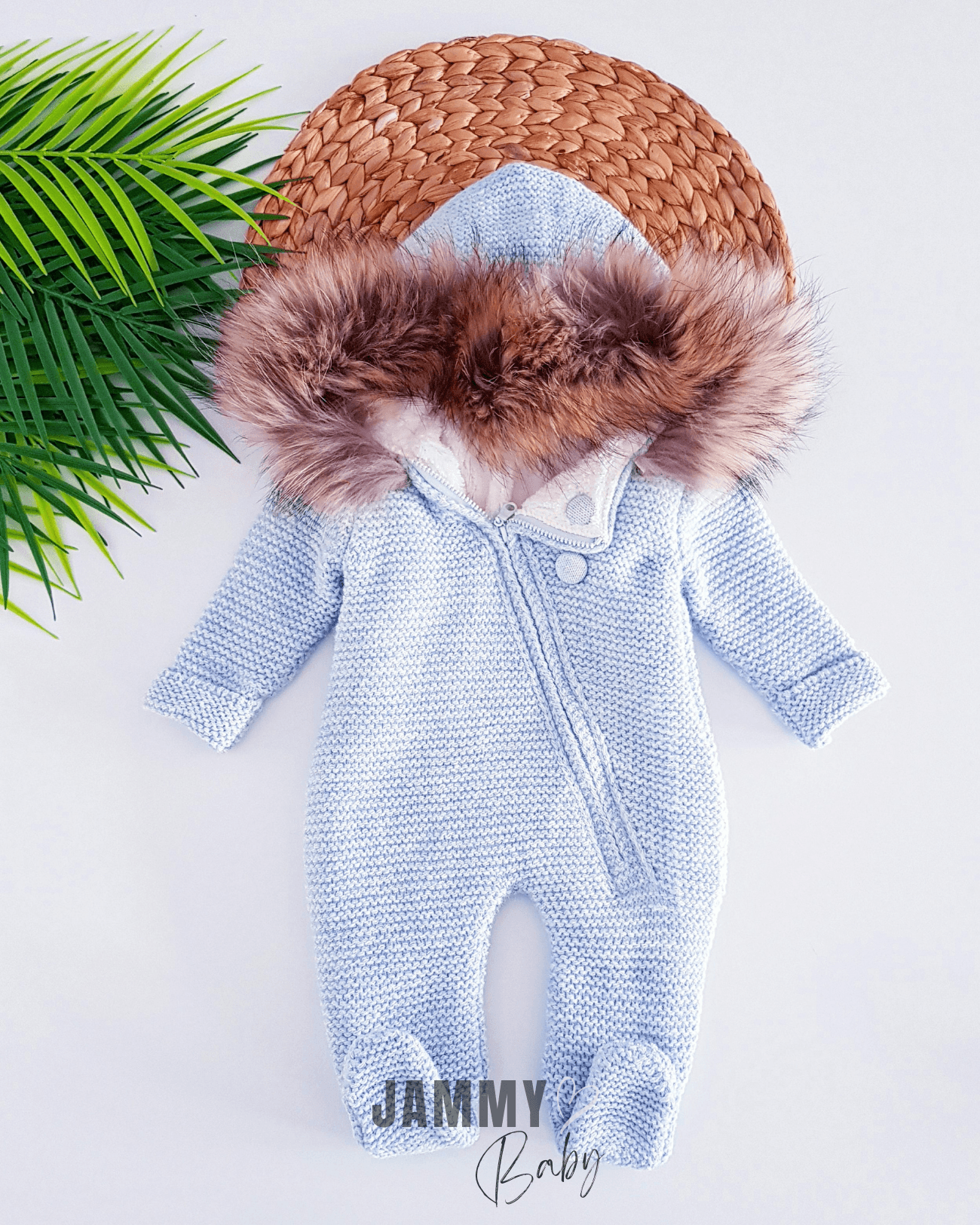 Luxury Collection Kürk Kapüşonlu Fermuarlı Triko Yün Kozmonot-MAVİ