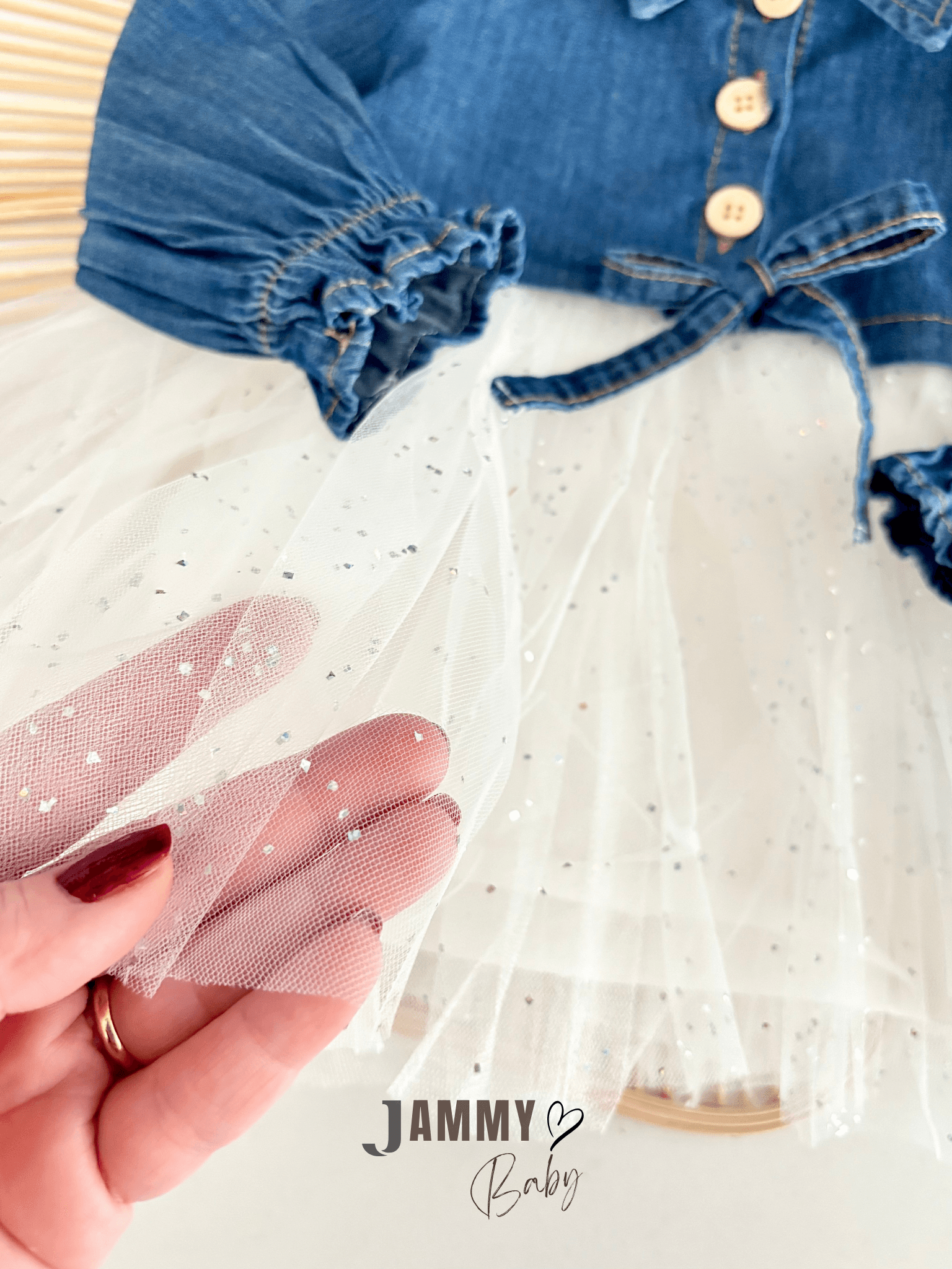 Star Tütülü Denim Elbise-BEYAZ