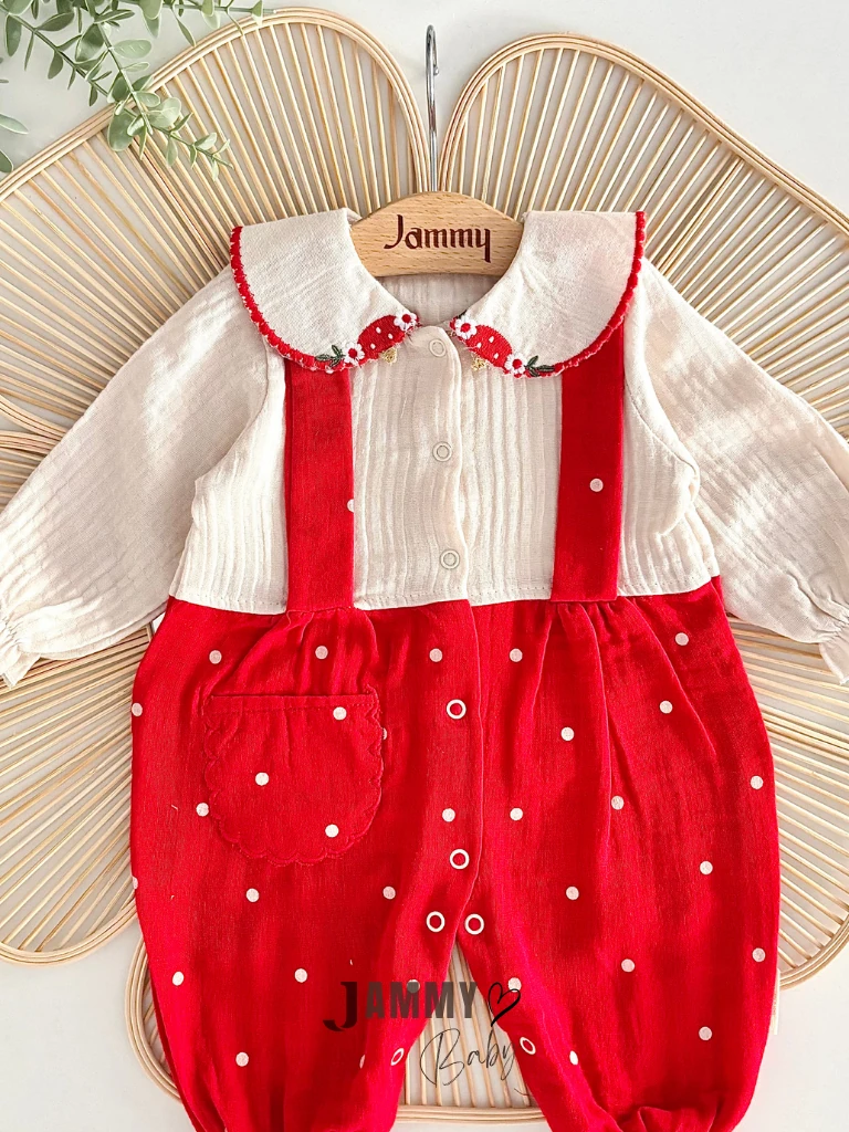 Mushroom İşlemeli Müslin Tulum-KIRMIZI