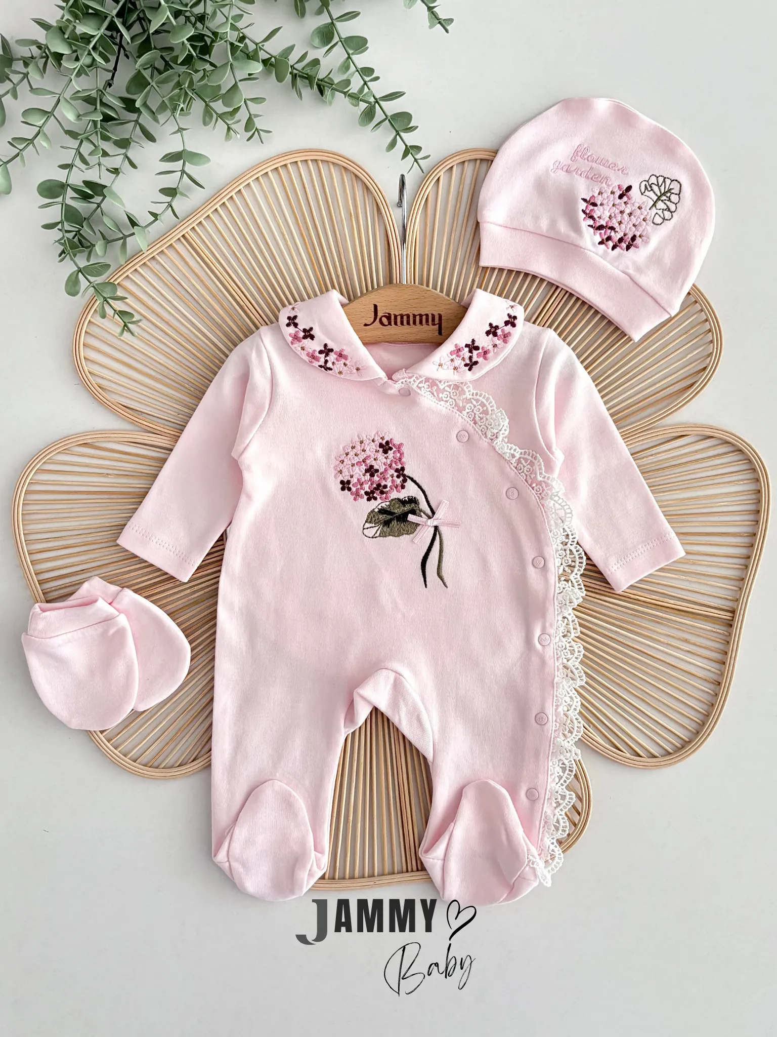 Ortanca Nakışlı Şapkalı Tulum Set-PEMBE