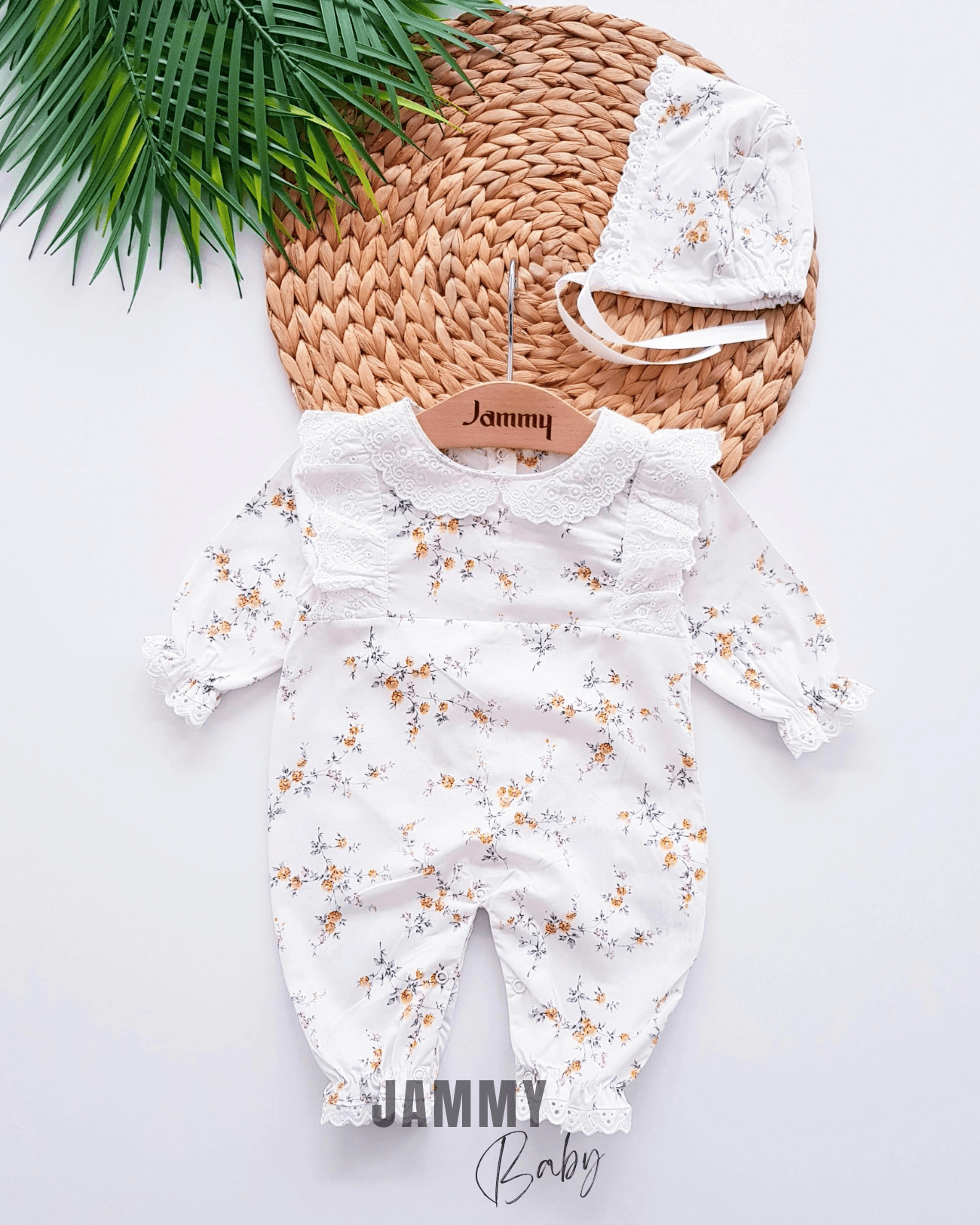 Tiny Roses Poplin Şapkalı Tulum Set-SARI