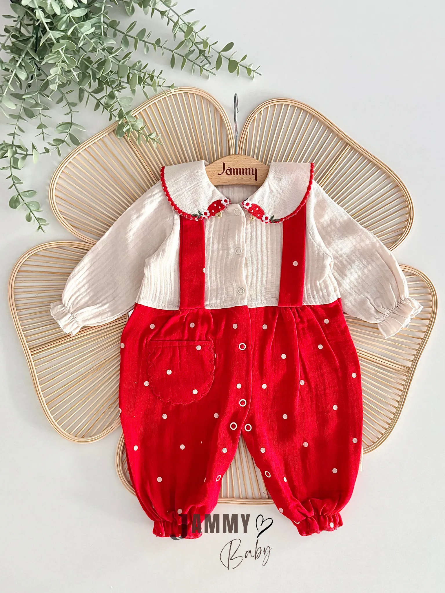 Mushroom İşlemeli Müslin Tulum-KIRMIZI