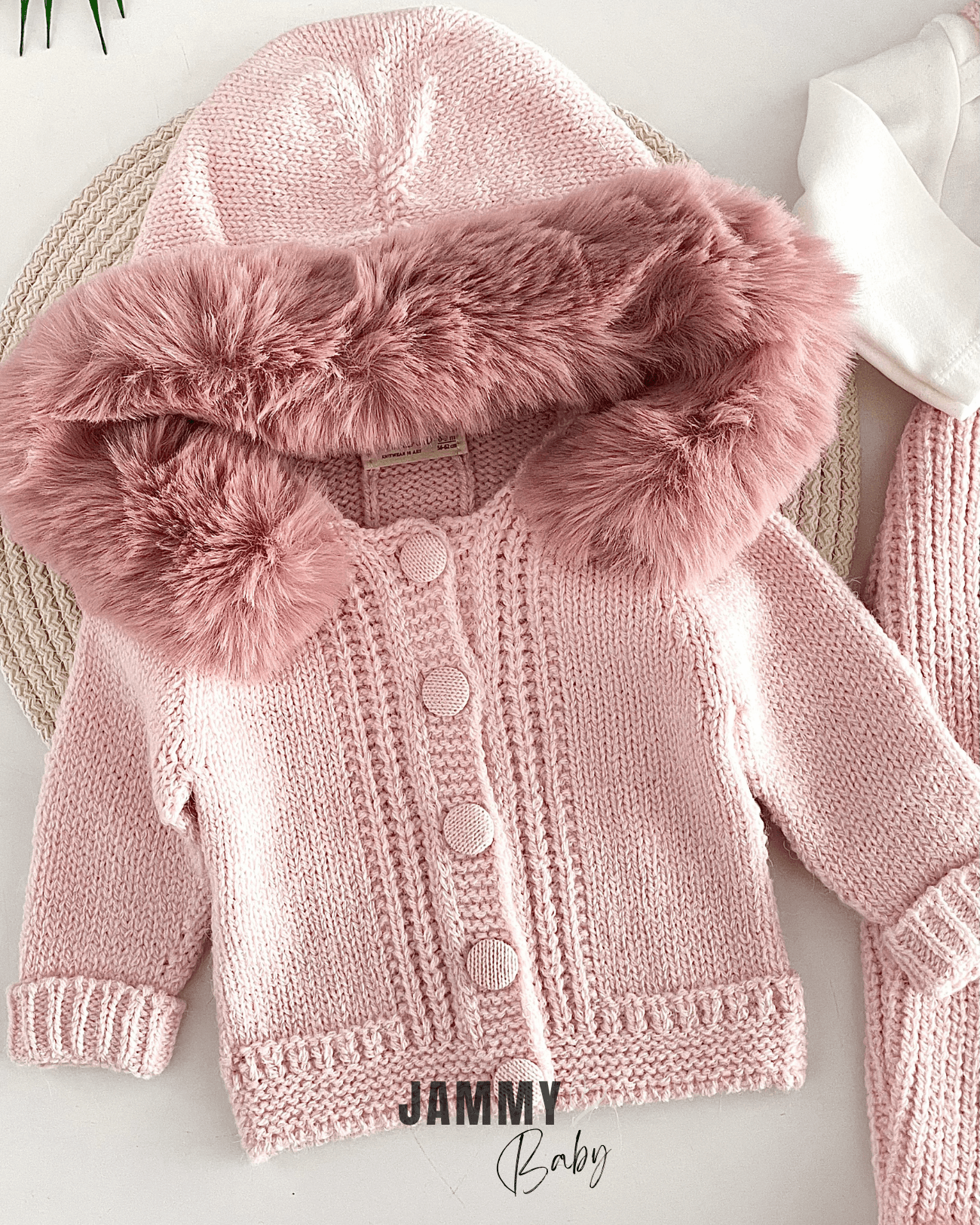 Selanik Örgülü Luxury Collection Kürk Kapüşonlu Triko Hırka / Salopet Set-PUDRA