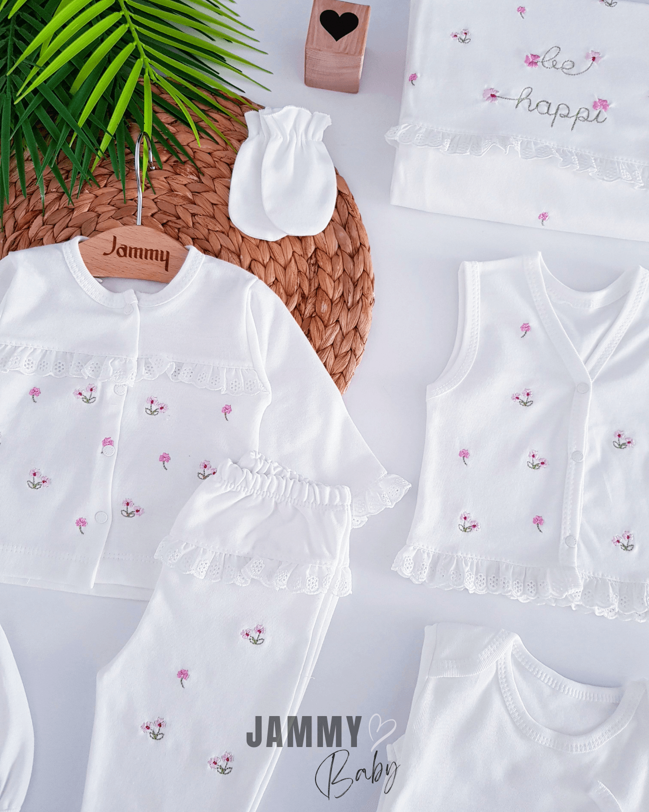 Çıtır Çiçek Nakış / Dantelli 10 Parça Yenidoğan Set-BEYAZ