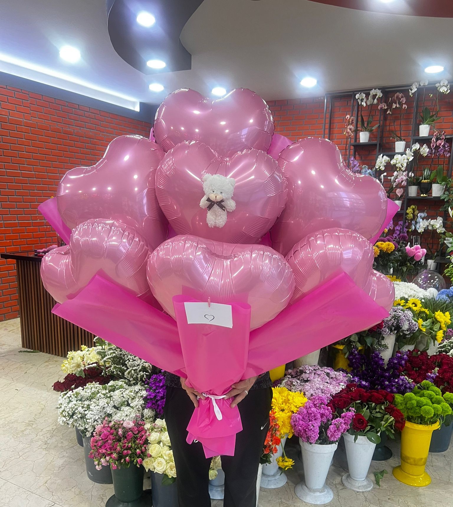 Pembe Kalp Folyo Balon Buketi 1 Adet Ayıcıklı