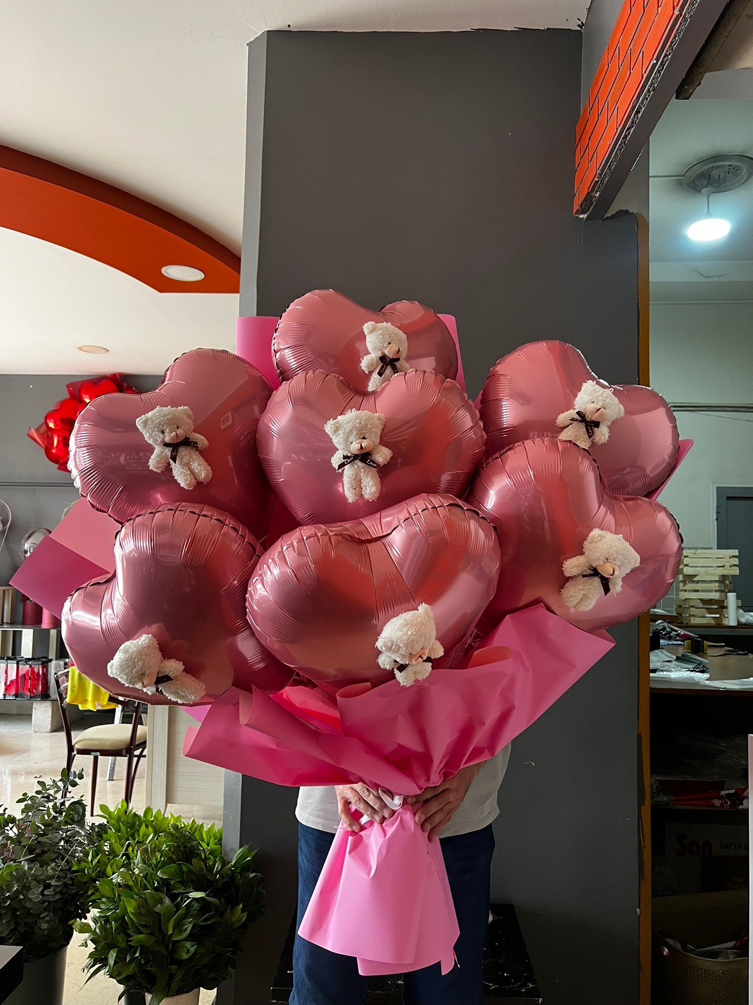 Pembe Kalp Folyo Balon Buketi 7 Adet Ayıcıklı