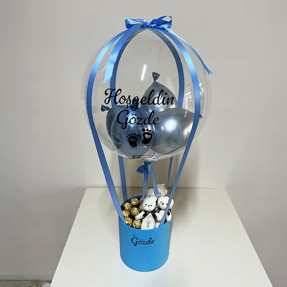 Yenidoğan Ayıcıklı Çikolata Erkek Bebek Hediyesi Balon Kutusu