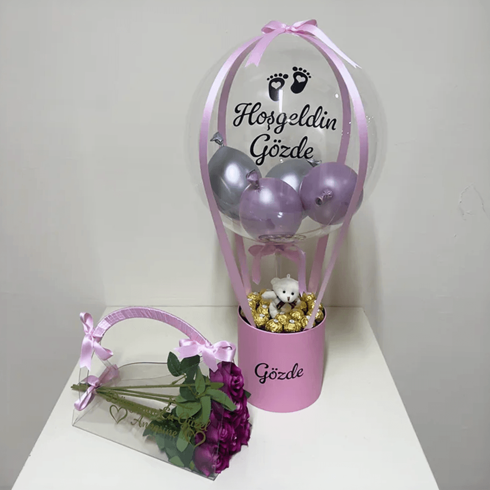 Pembe Balon Ferro Rocher Çikolata Pleksi Çanta 7 Adet Pembe Gül