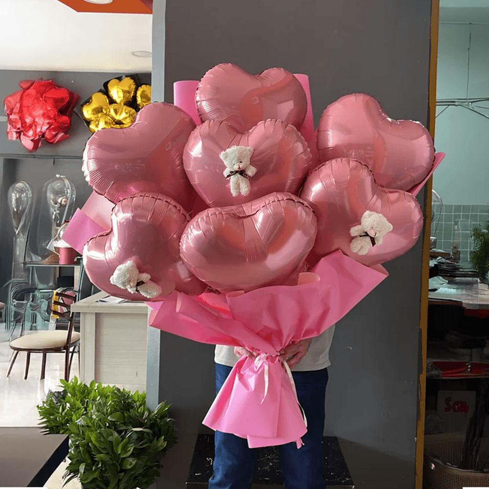 Pembe Kalp Folyo Balon Buketi 3 Adet Ayıcıklı