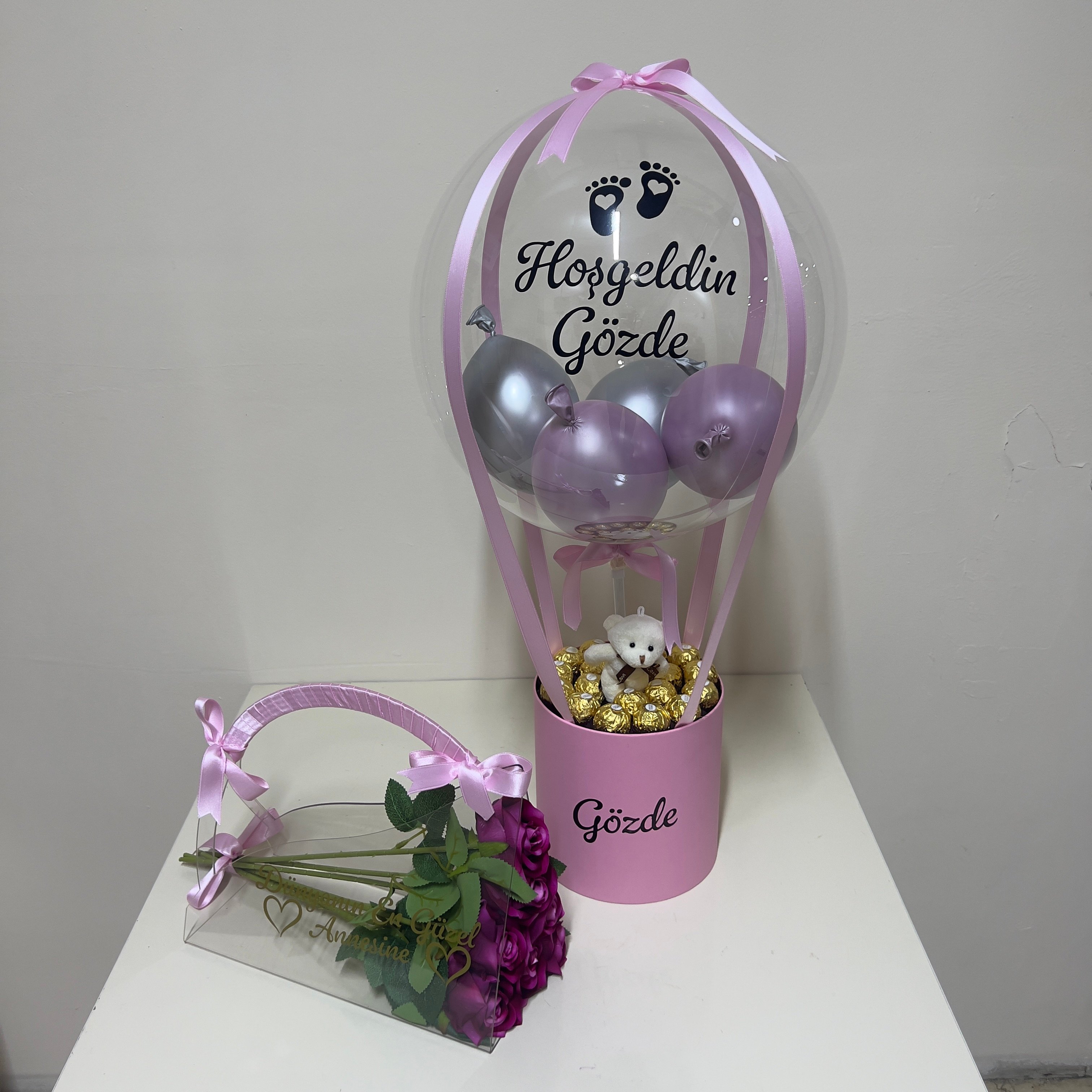 Pembe Balon Ferro Rocher Çikolata Pleksi Çanta 7 Adet Pembe Gül