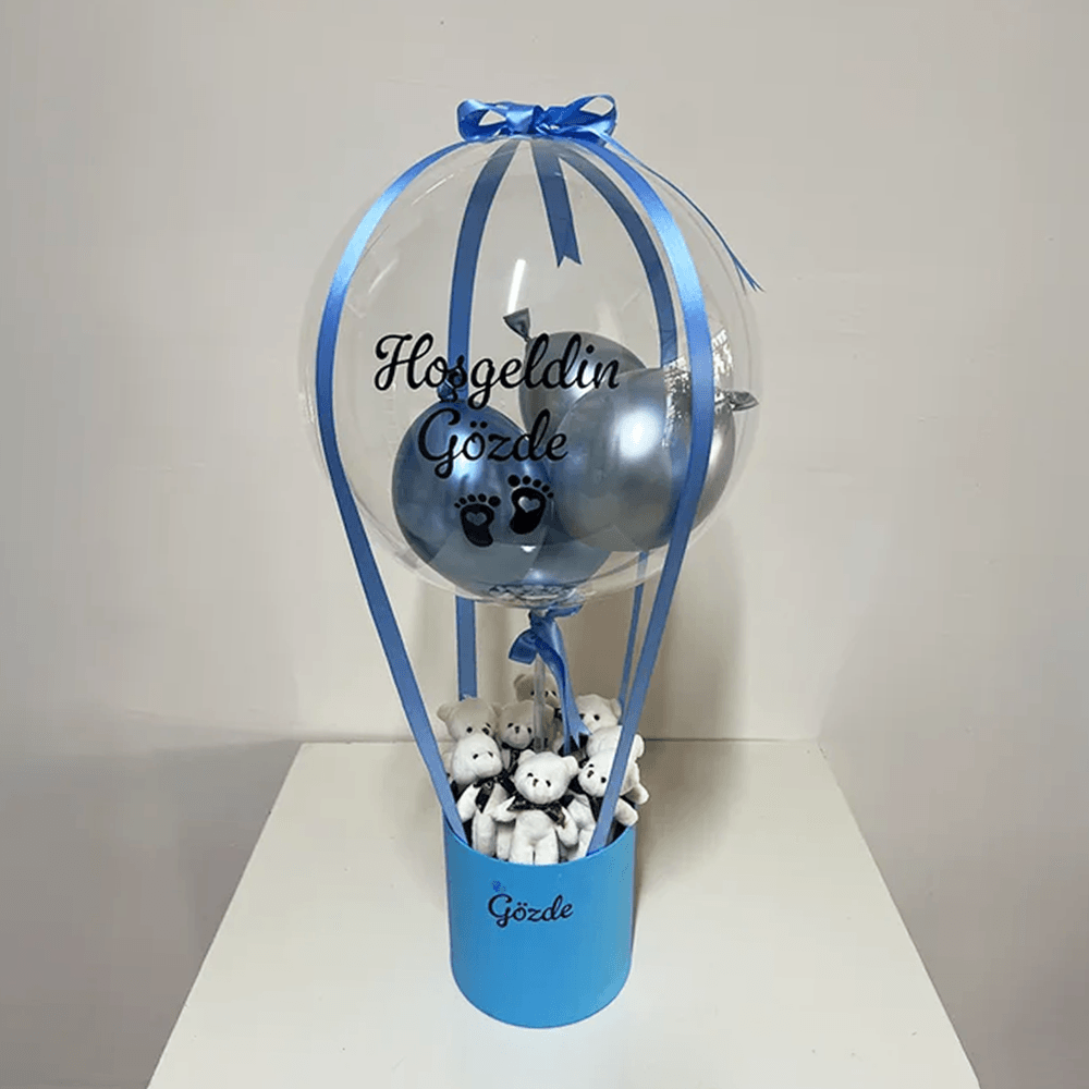 Yenidoğan Ayıcıklı Erkek Bebek Hediyesi Balon Kutusu