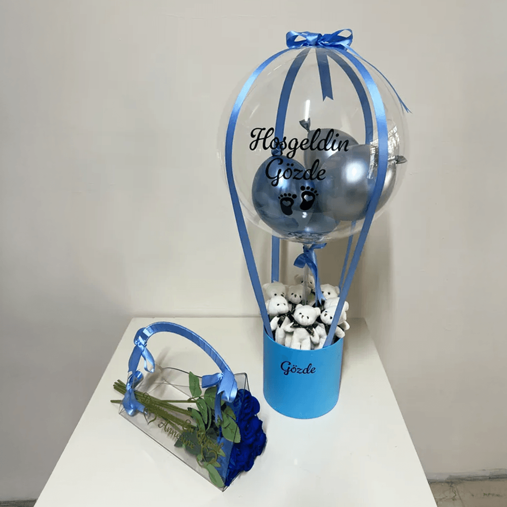 Yenidoğan Ayıcıklı Erkek Bebek Hediyesi Balon Kutusu ve Pleksi Çanta 7 Adet Mavi Gül