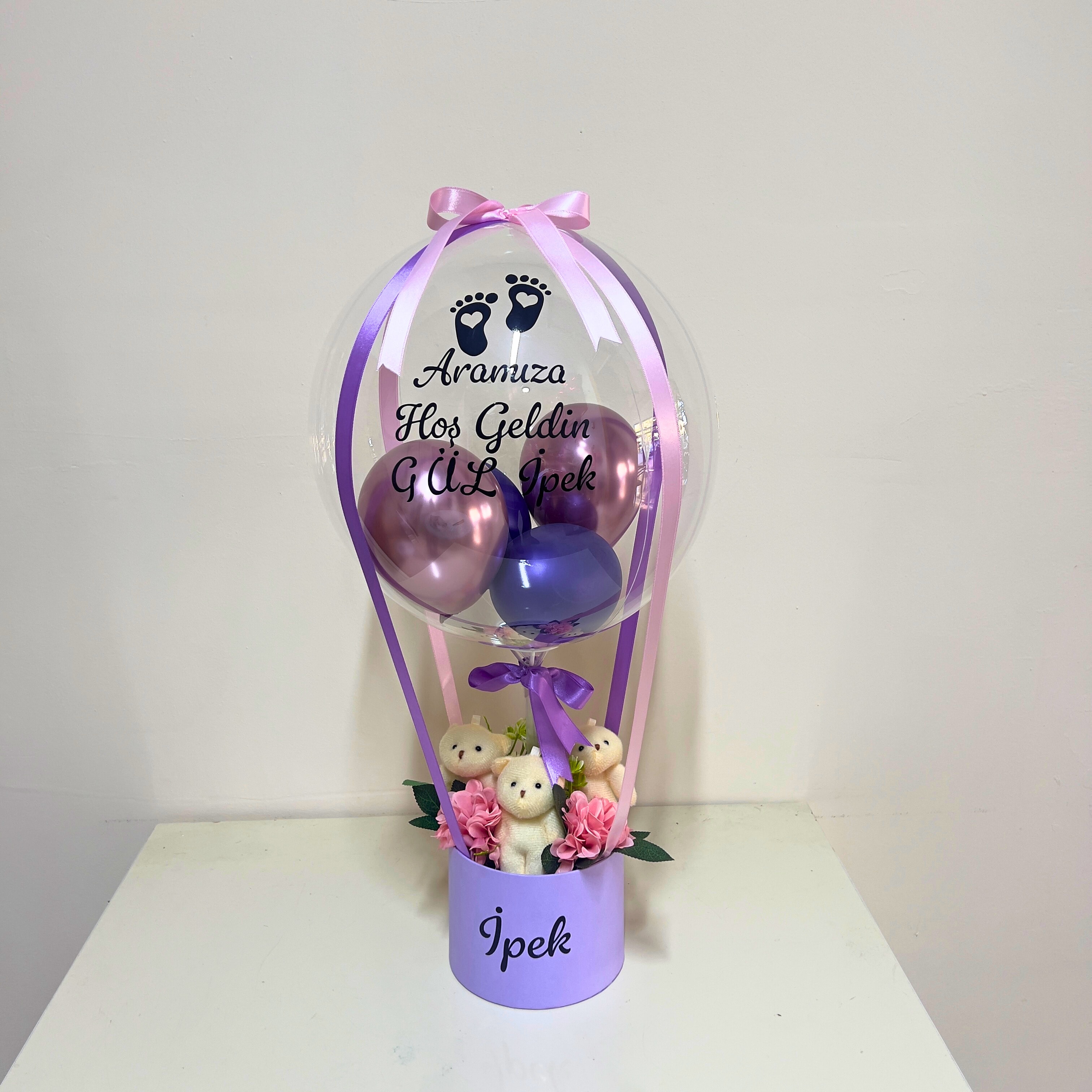 Mor Renk Yenidoğan Ayıcıklı Bebek Hediyesi Balon Kutusu