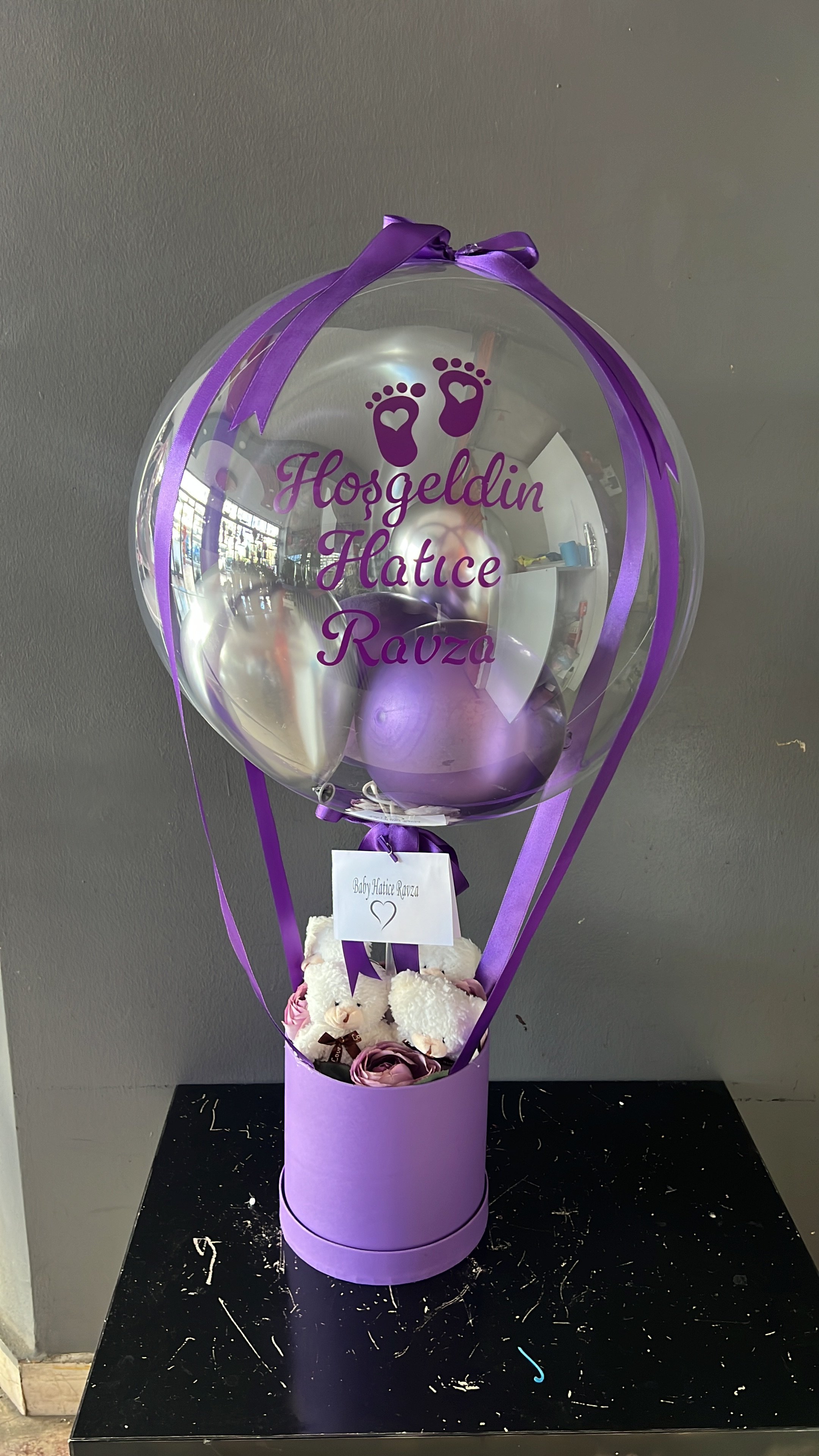Mor Renk Yenidoğan Ayıcıklı Bebek Hediyesi Balon Kutusu