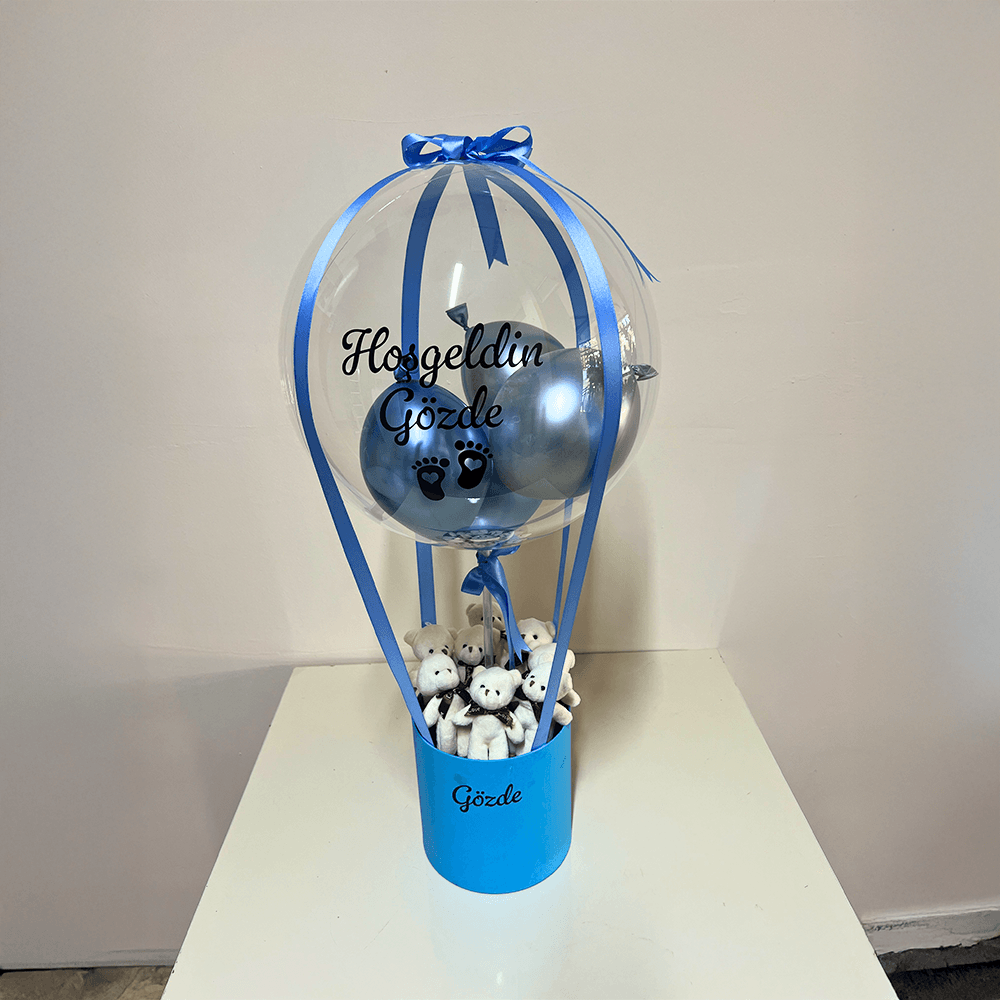 Yenidoğan Ayıcıklı Erkek Bebek Hediyesi Balon Kutusu