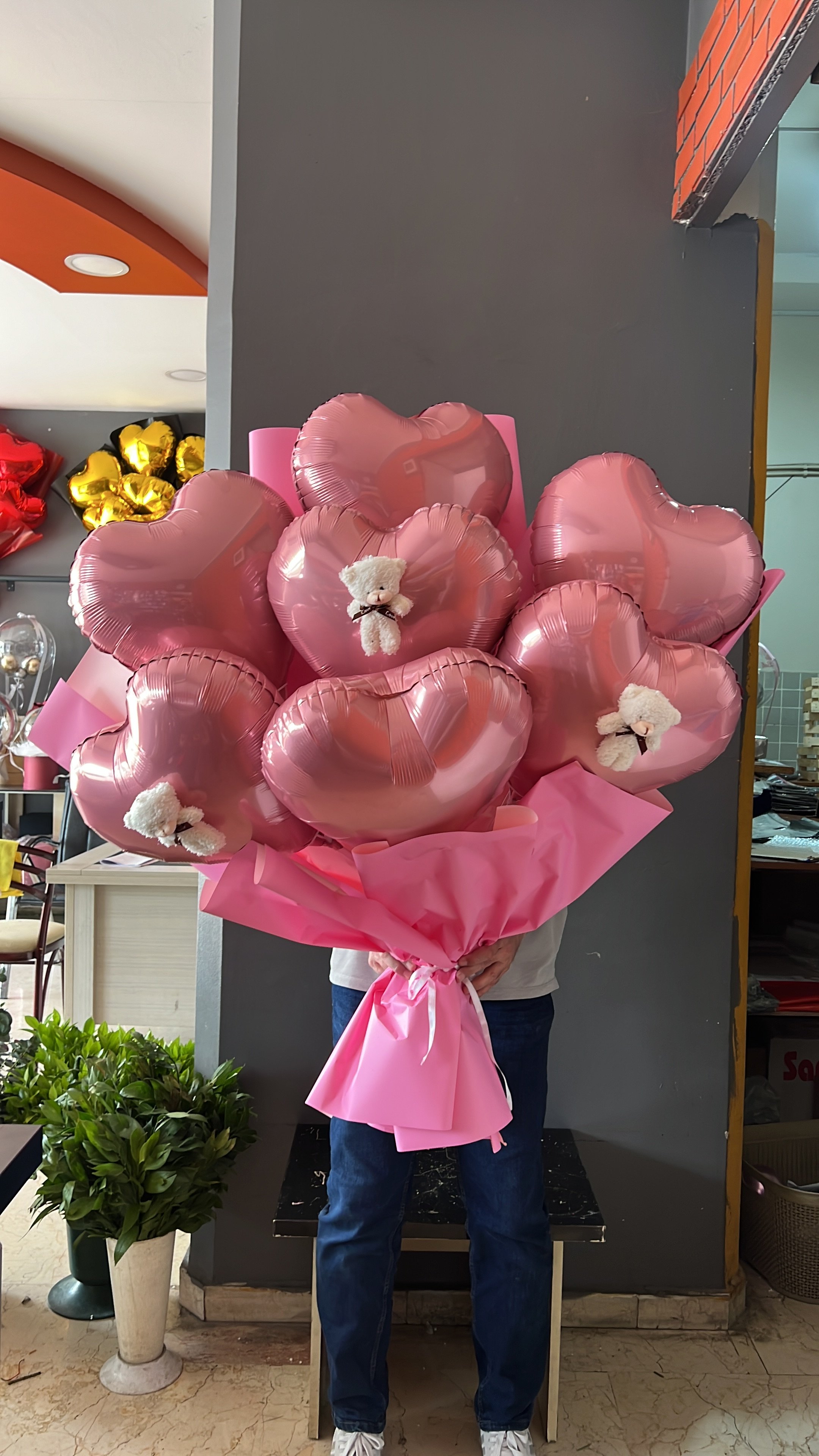 Pembe Kalp Folyo Balon Buketi 3 Adet Ayıcıklı