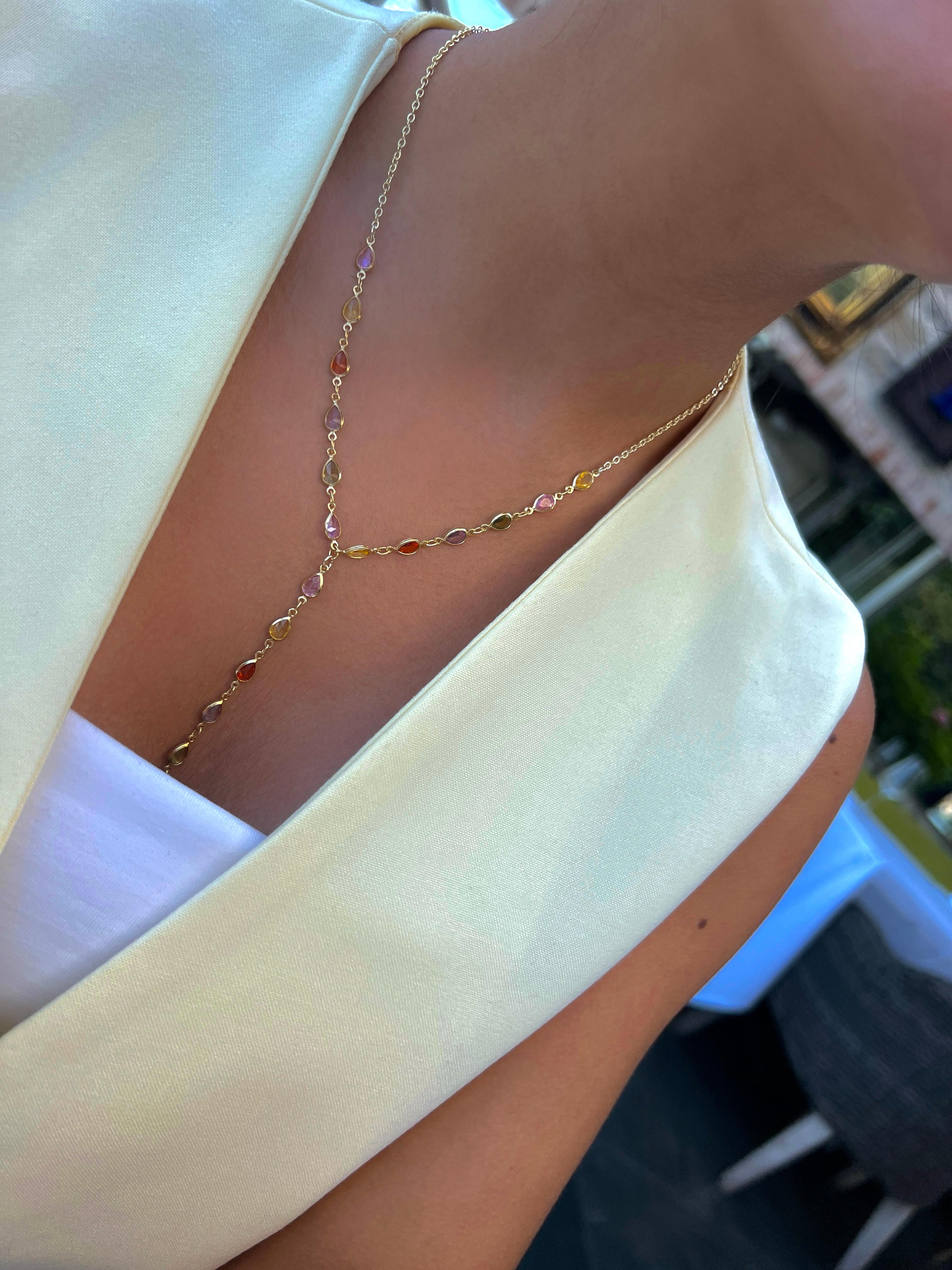 Özel seri renkli damla taşlı y kolye gold
