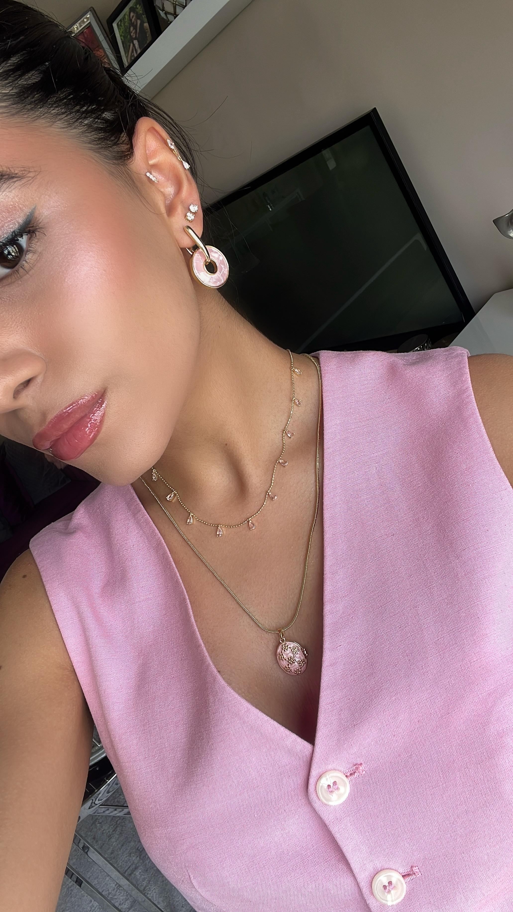 Özel seri pembe mineli çiçekli kolye gold