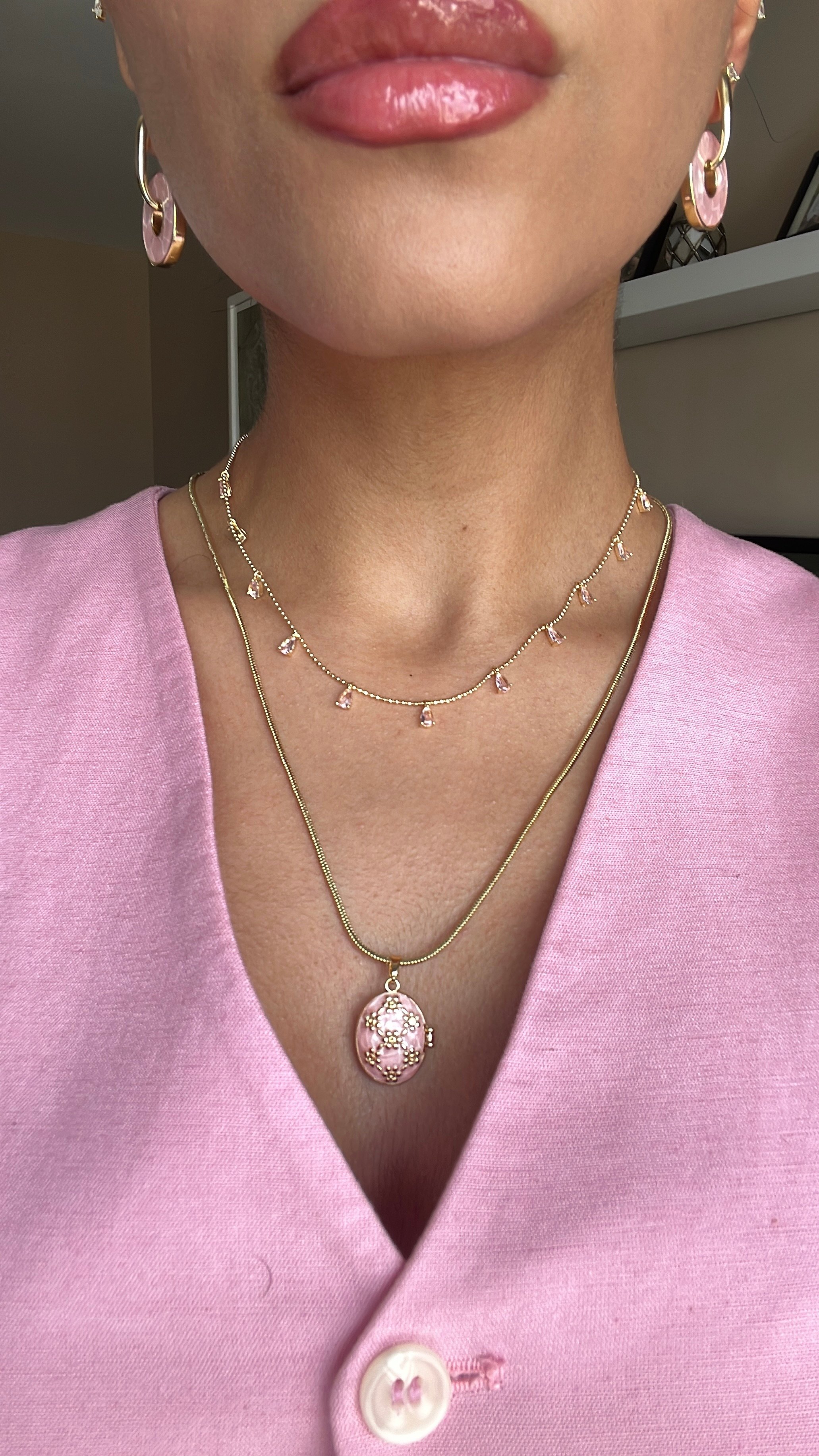 Özel seri pembe taşlı kolye gold