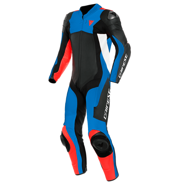 DAINESE/ASSEN 2 1 PC.PERF.LTHR SUIT BLK LIGHT BLUE FLUO RED