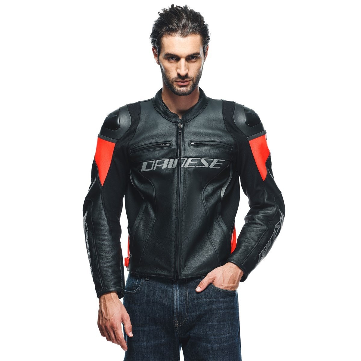 DAINESE CEKET RACING 4 LEATHER JACKET/BLACK/FLUO-RED