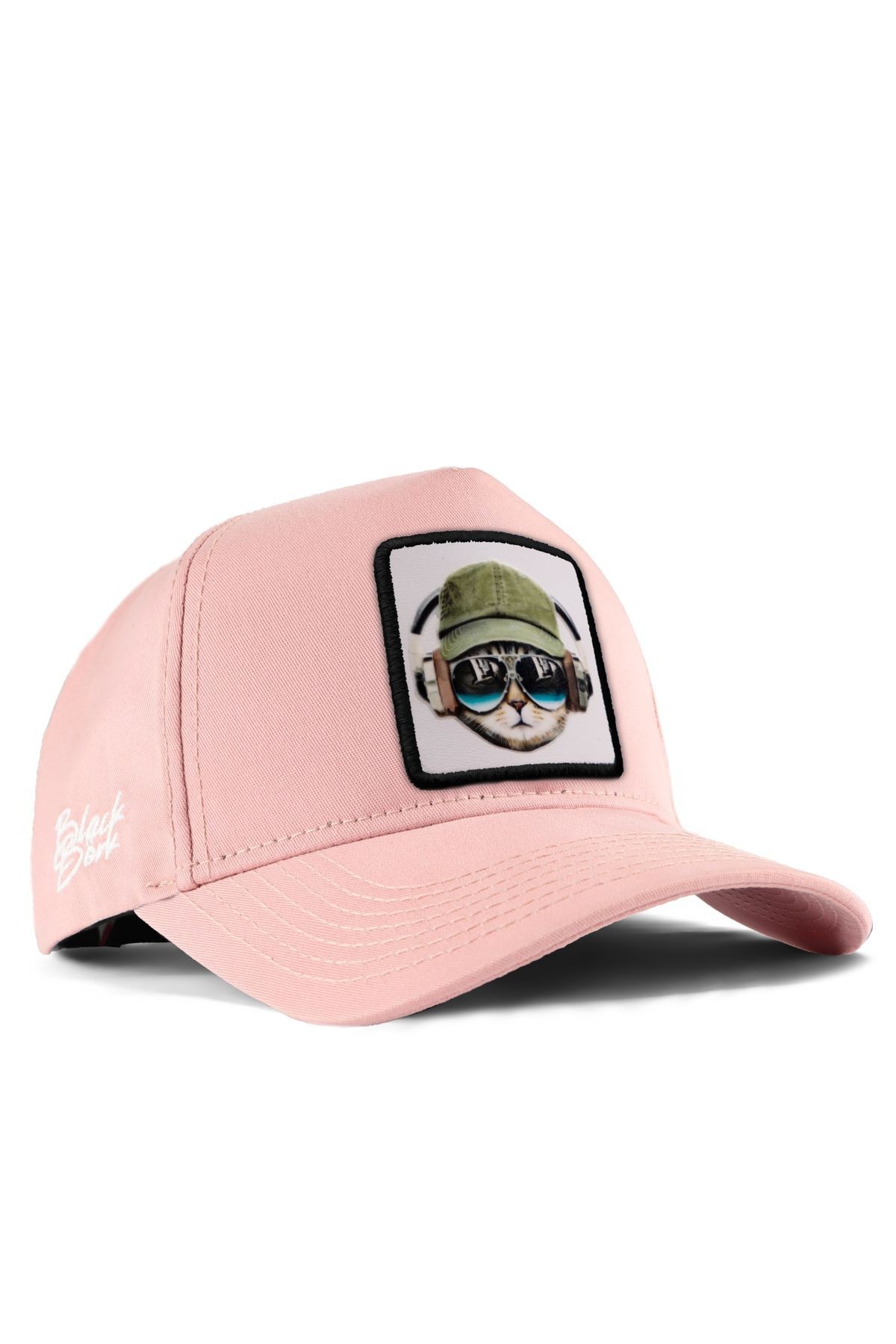 Salmon-colored baseball cap with cat logo