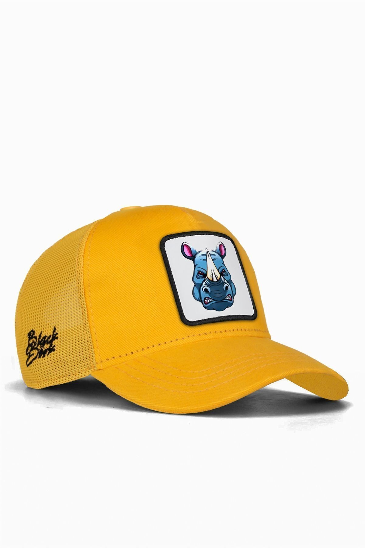 Gorra trucker infantil amarilla con logo de rinoceronte