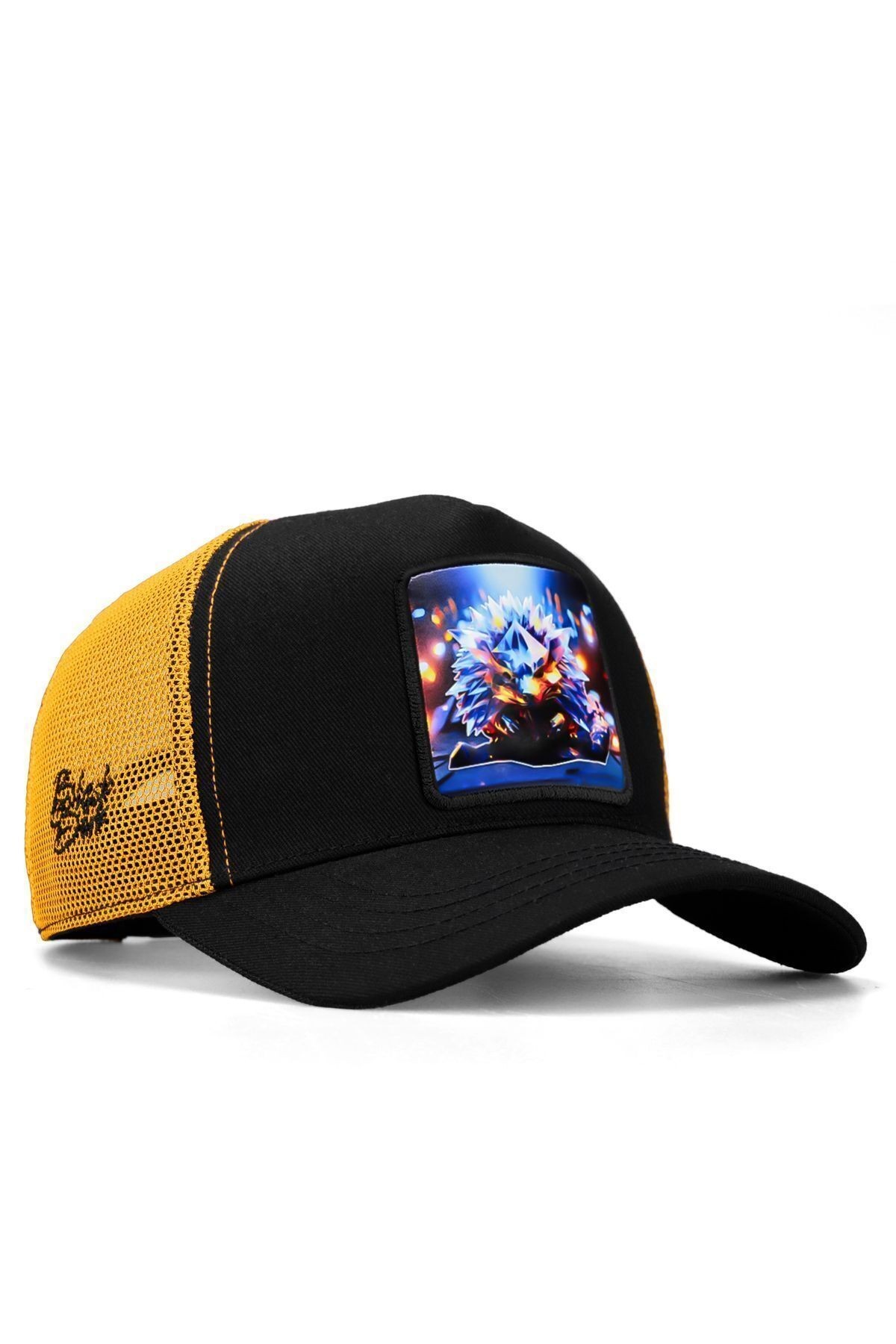 Gorra trucker negre-groc amb logo d'eriçó