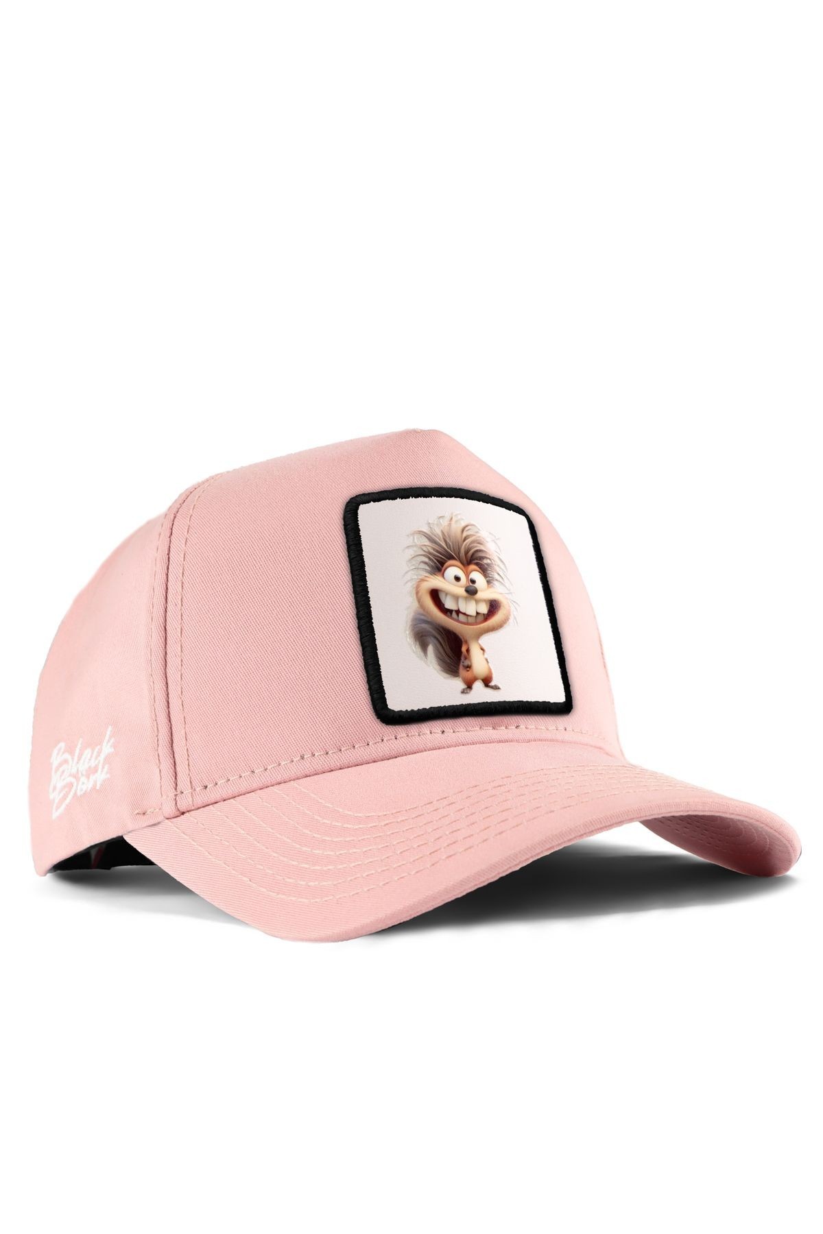 Salmon-colored baseball cap with squirrel logo