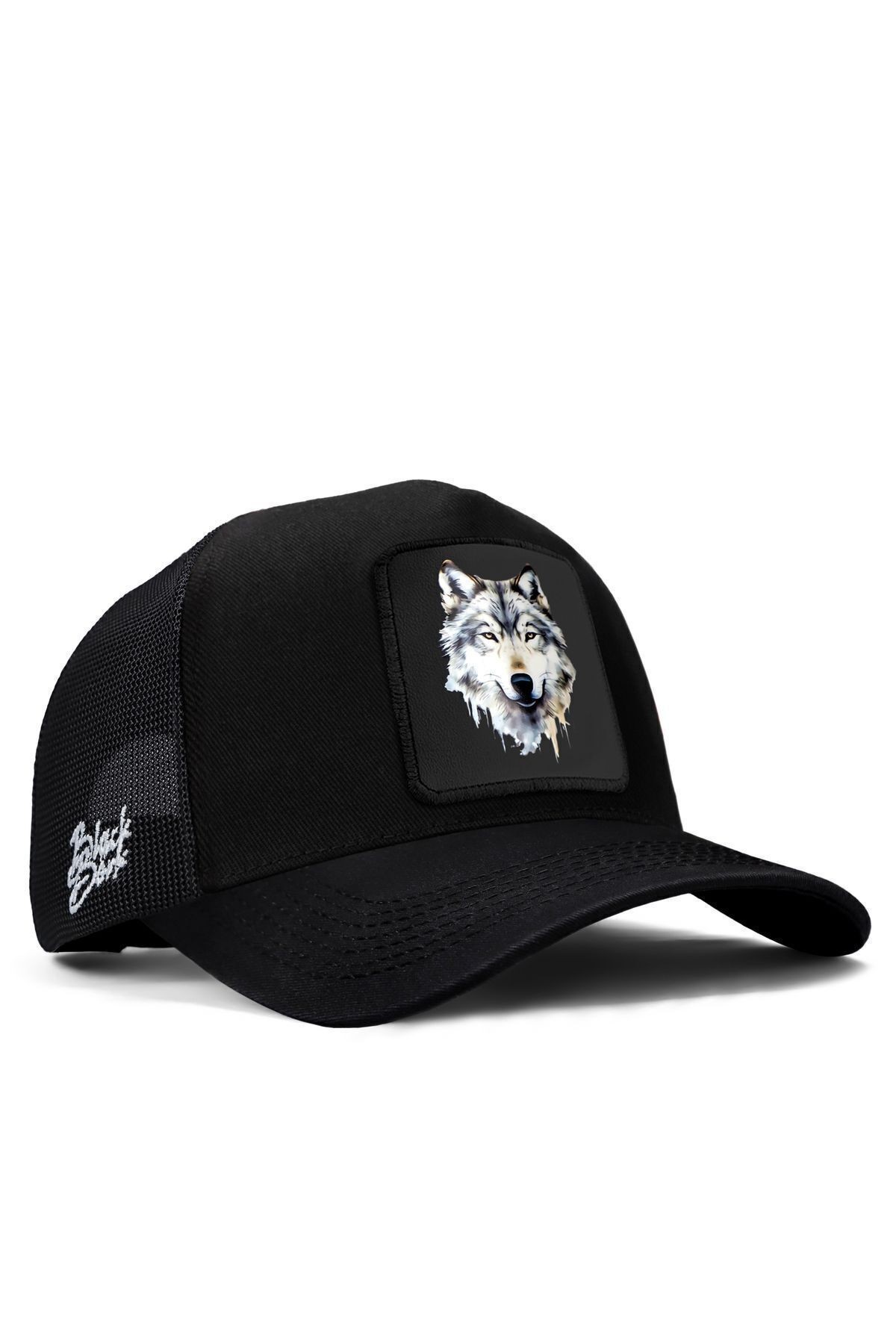 Gorra trucker negra con logo de lobo