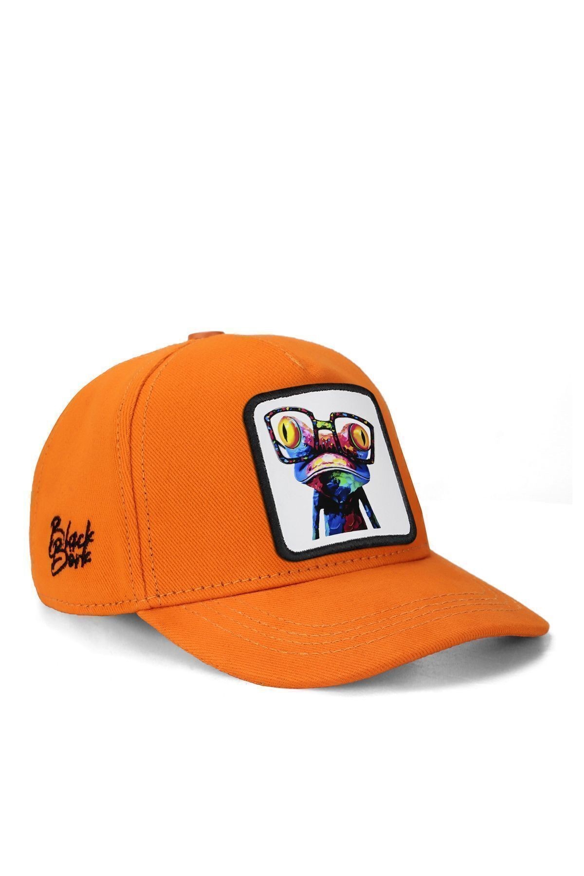 Gorra trucker naranja para niños con logo de camaleón