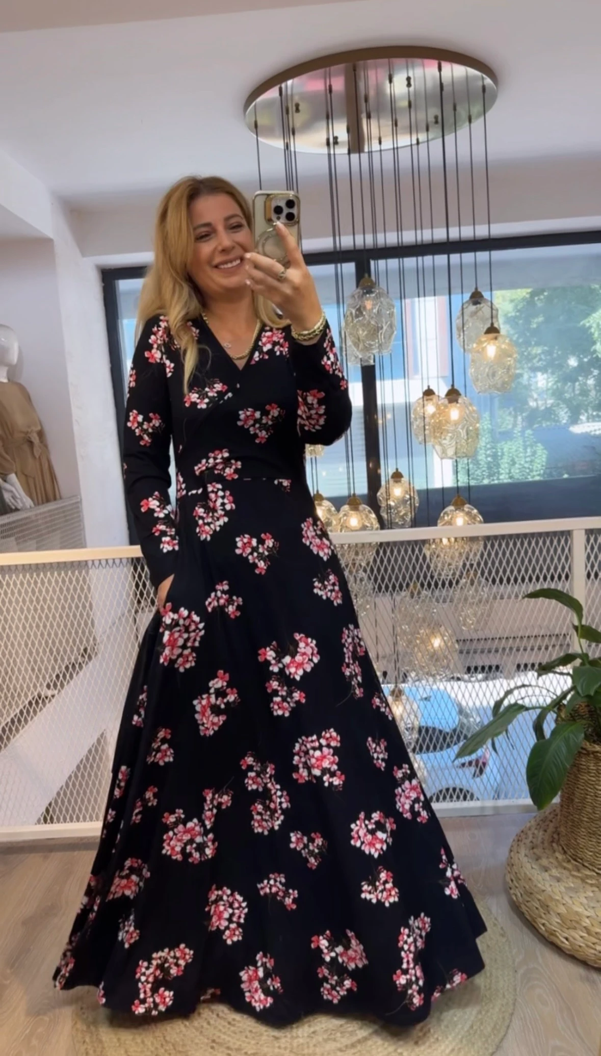 KİRAZ ÇİÇEĞİ DESENLİ PAMUKLU ELBİSE 7483