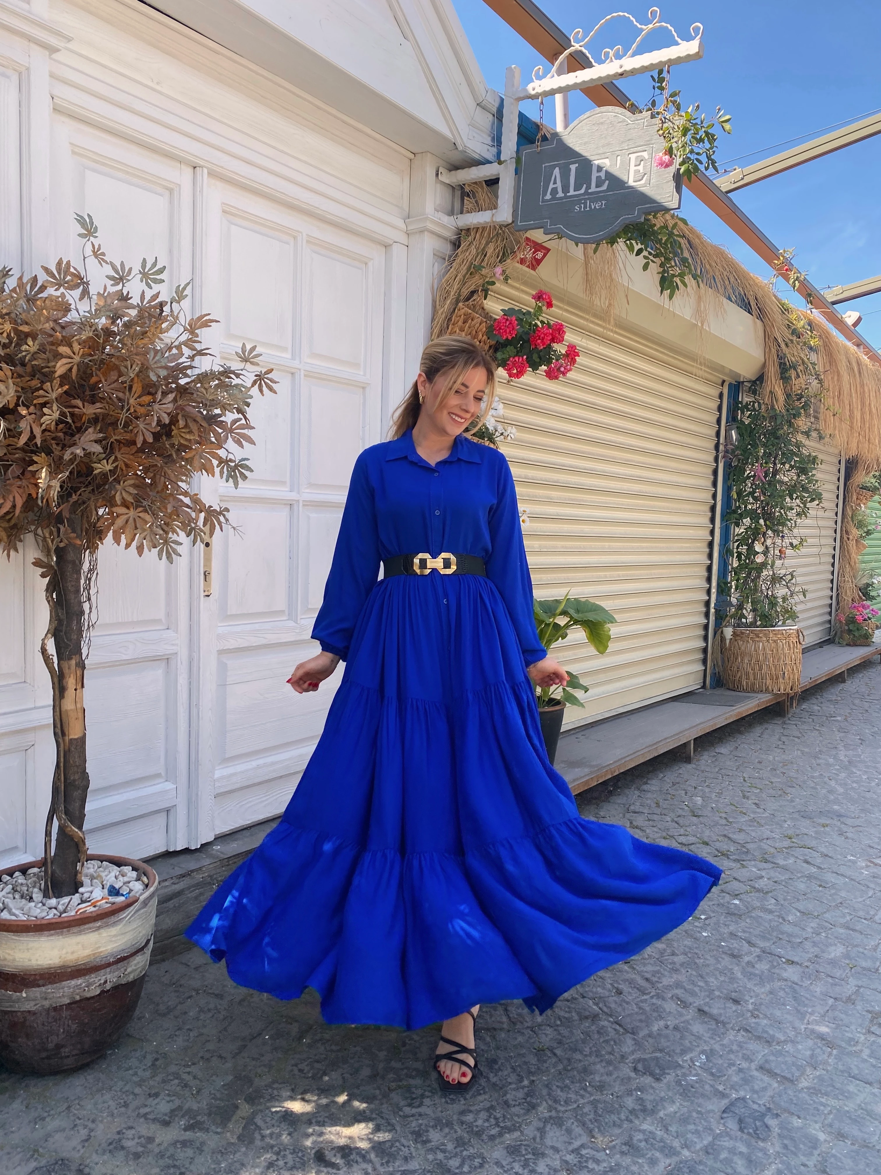 SAKS MAVİ PAMUKLU VİSKON GÖMLEK ELBİSE 480