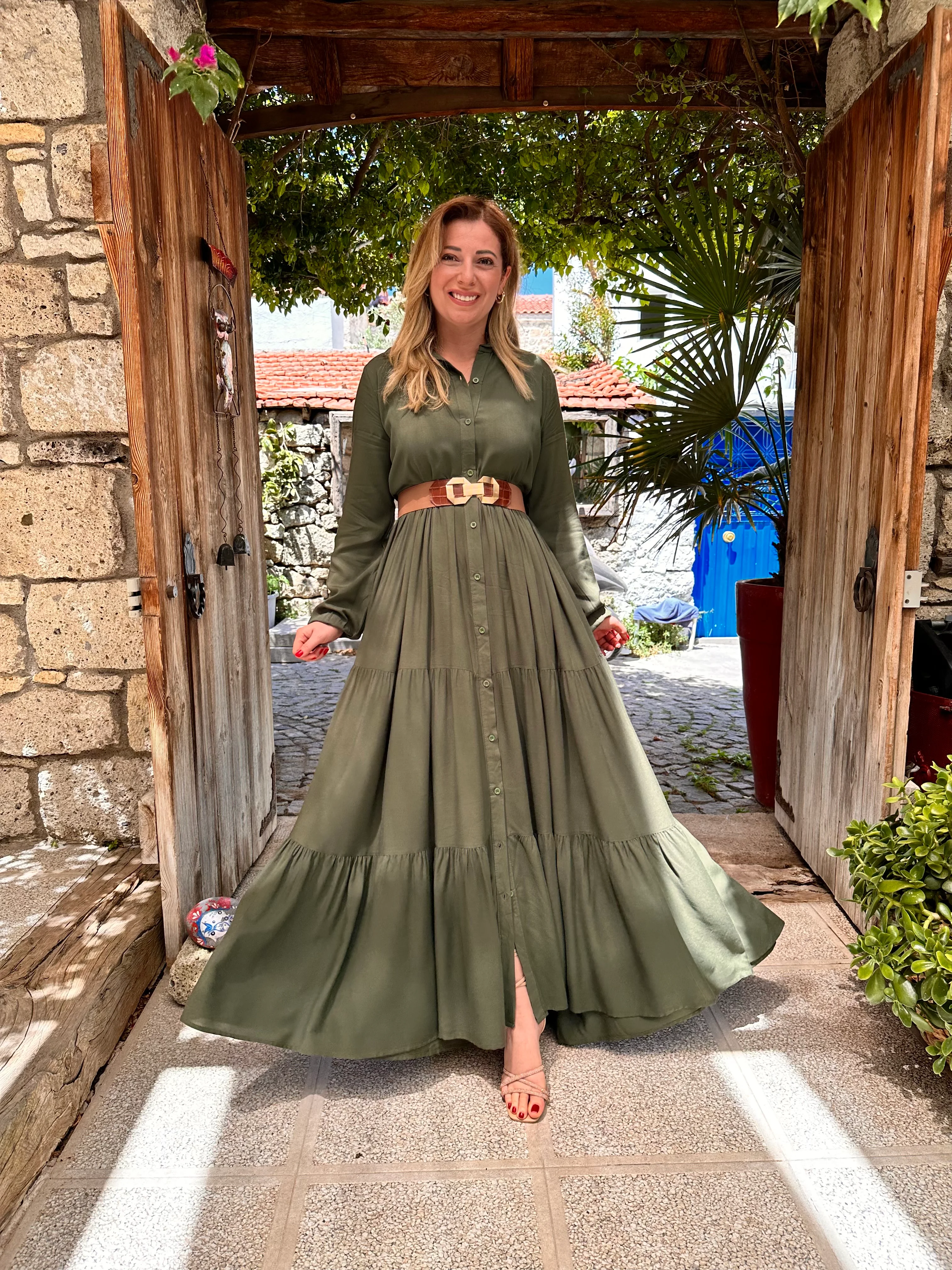 HAKİ VİSKON GÖMLEK ELBİSE 