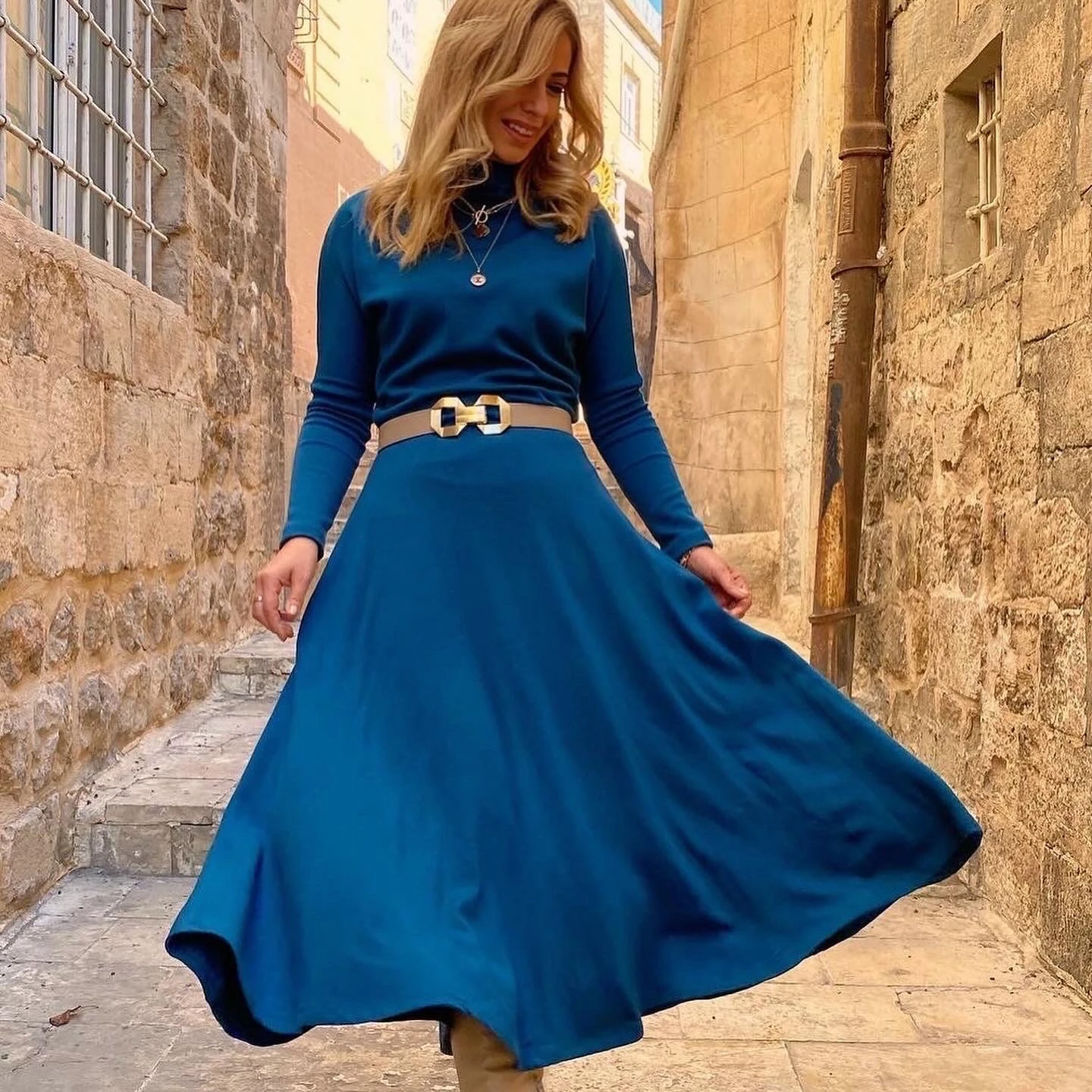 PETROL MAVİSİ BALIKÇI YAKA TRİKO ELBİSE