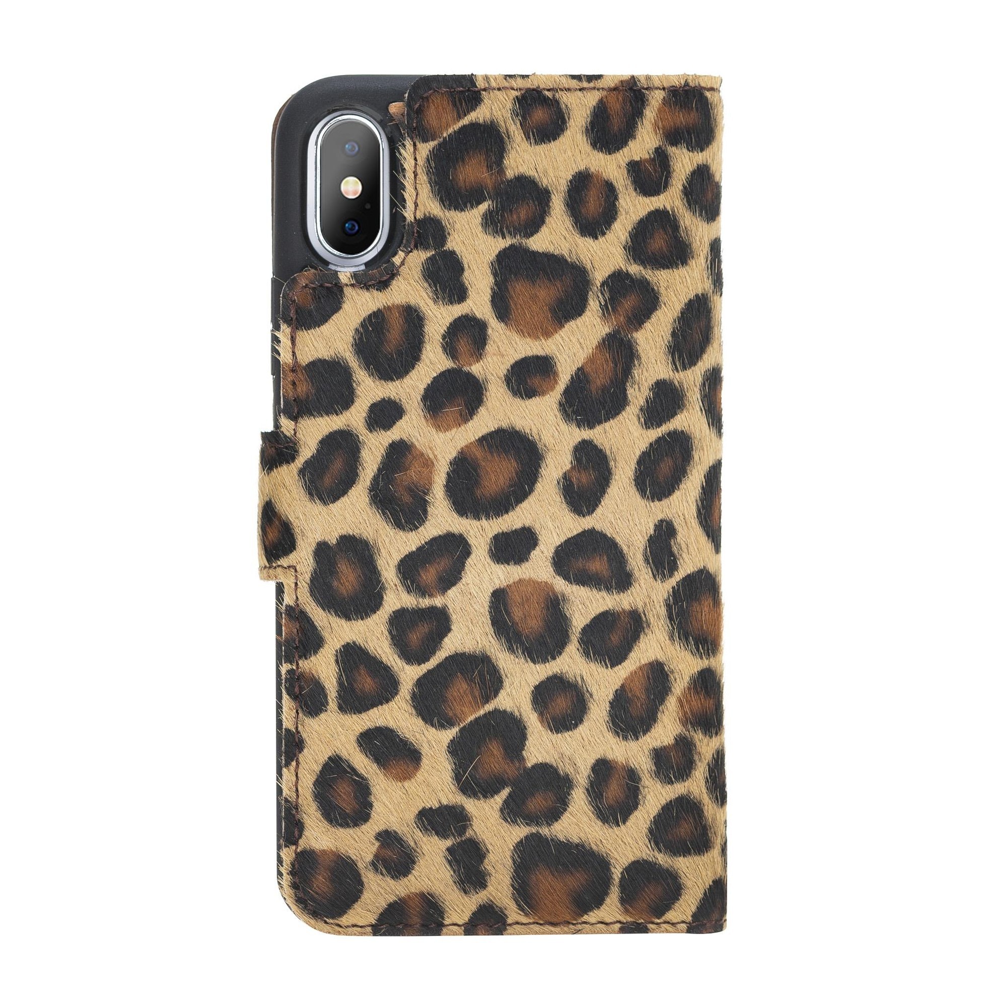 Apple iPhone XS Max Uyumlu Deri Cüzdanlı Kılıf Leopar