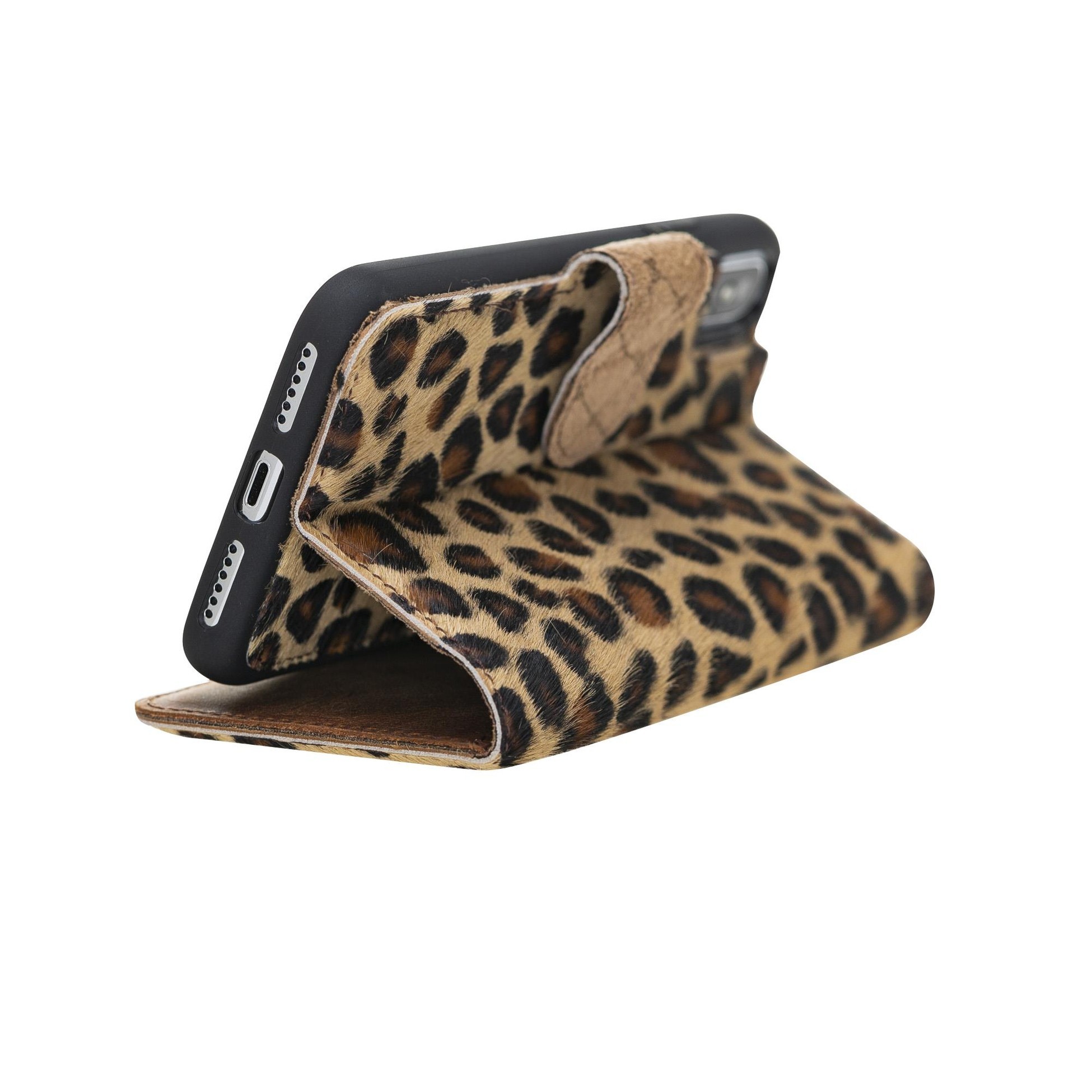 Apple iPhone XS Max Uyumlu Deri Cüzdanlı Kılıf Leopar