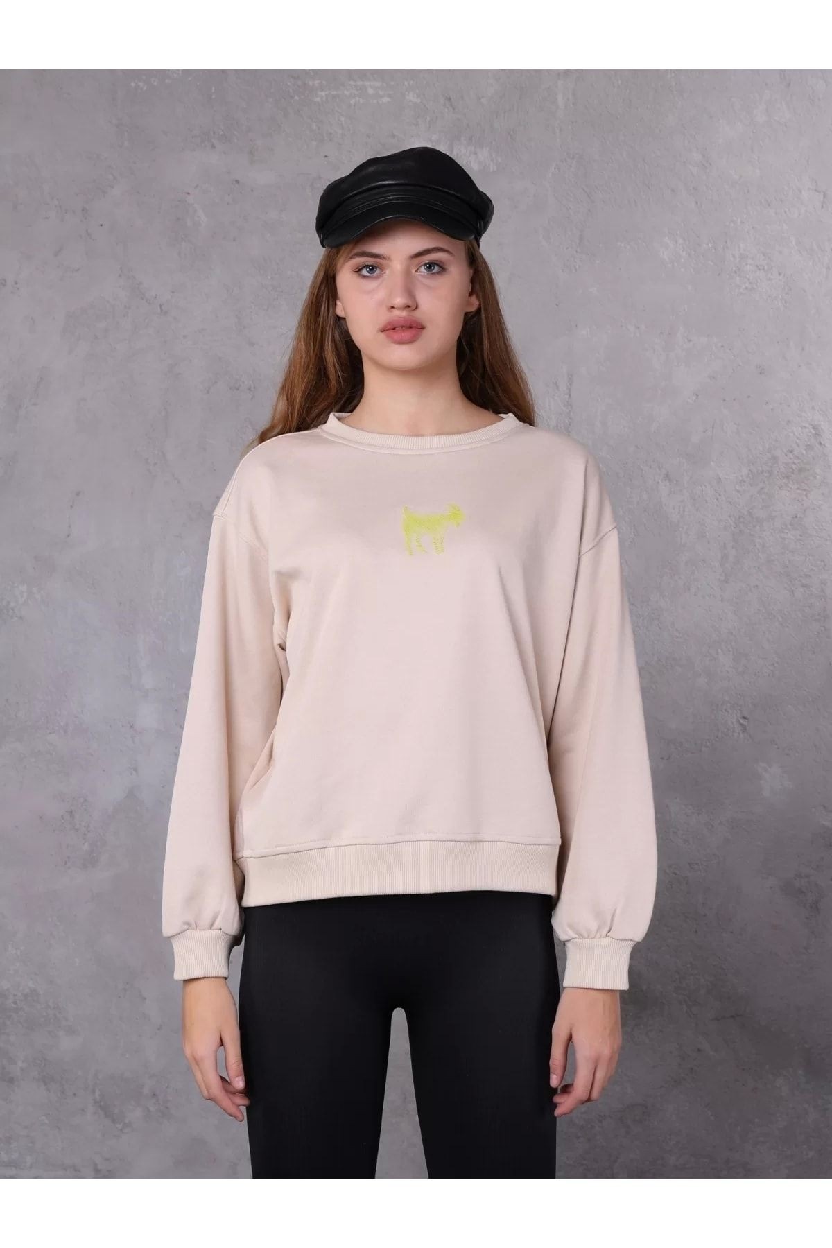 Nakış Detaylı Kadın Sweat Kazak - beige